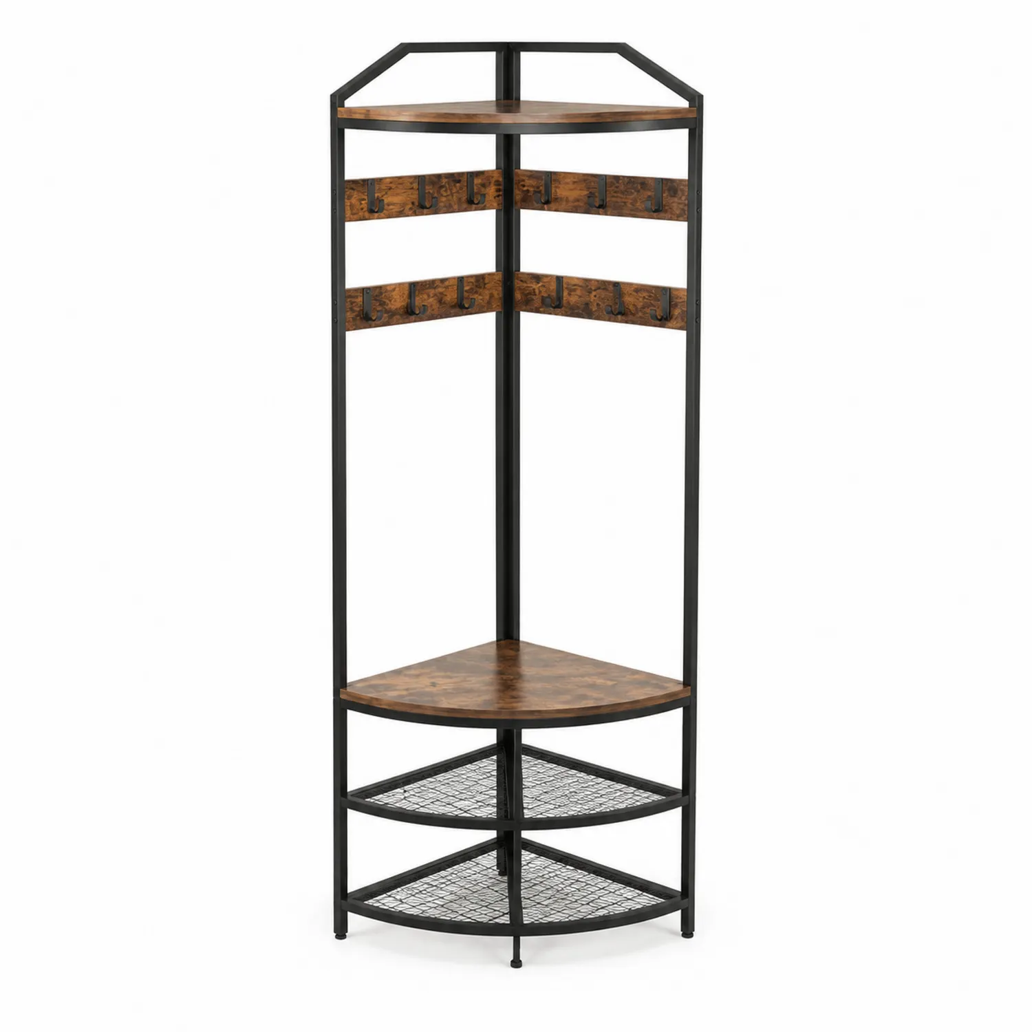 Portemanteau d'angle en métal et bois avec étagères