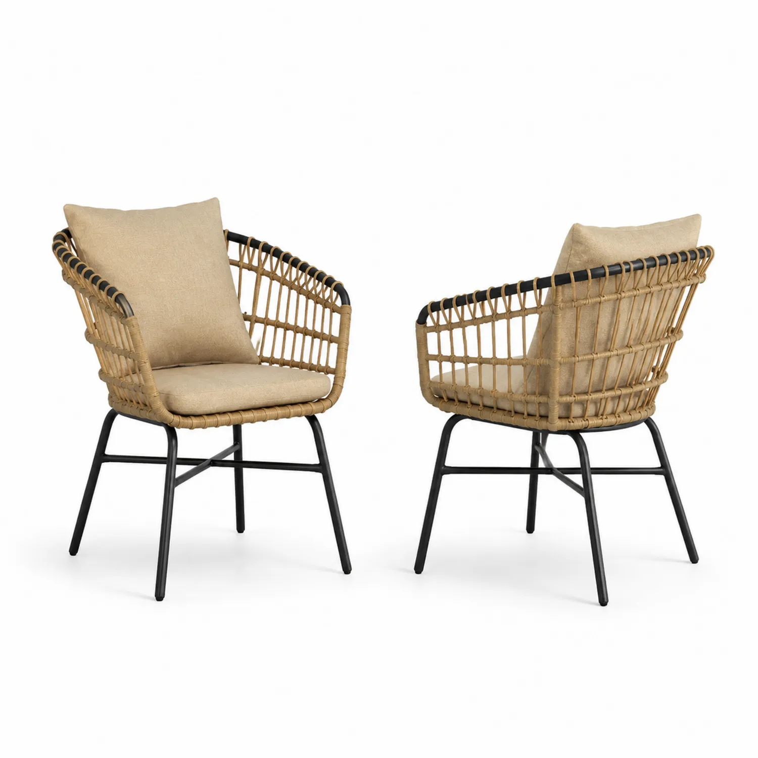 Chaises en rotin avec coussins en tissu Beige