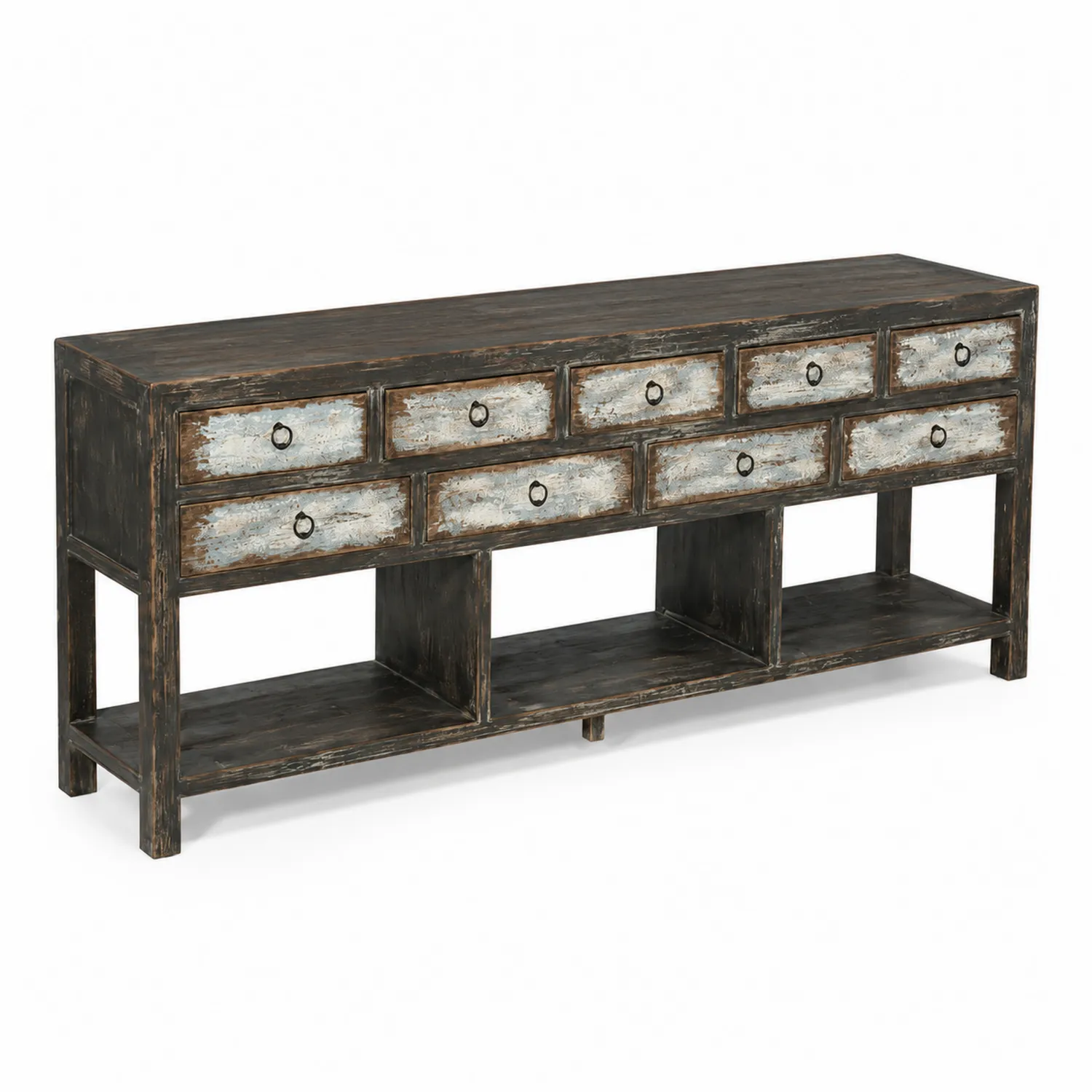 Console en bois avec 10 tiroirs en Noir vieilli et Blanc patiné