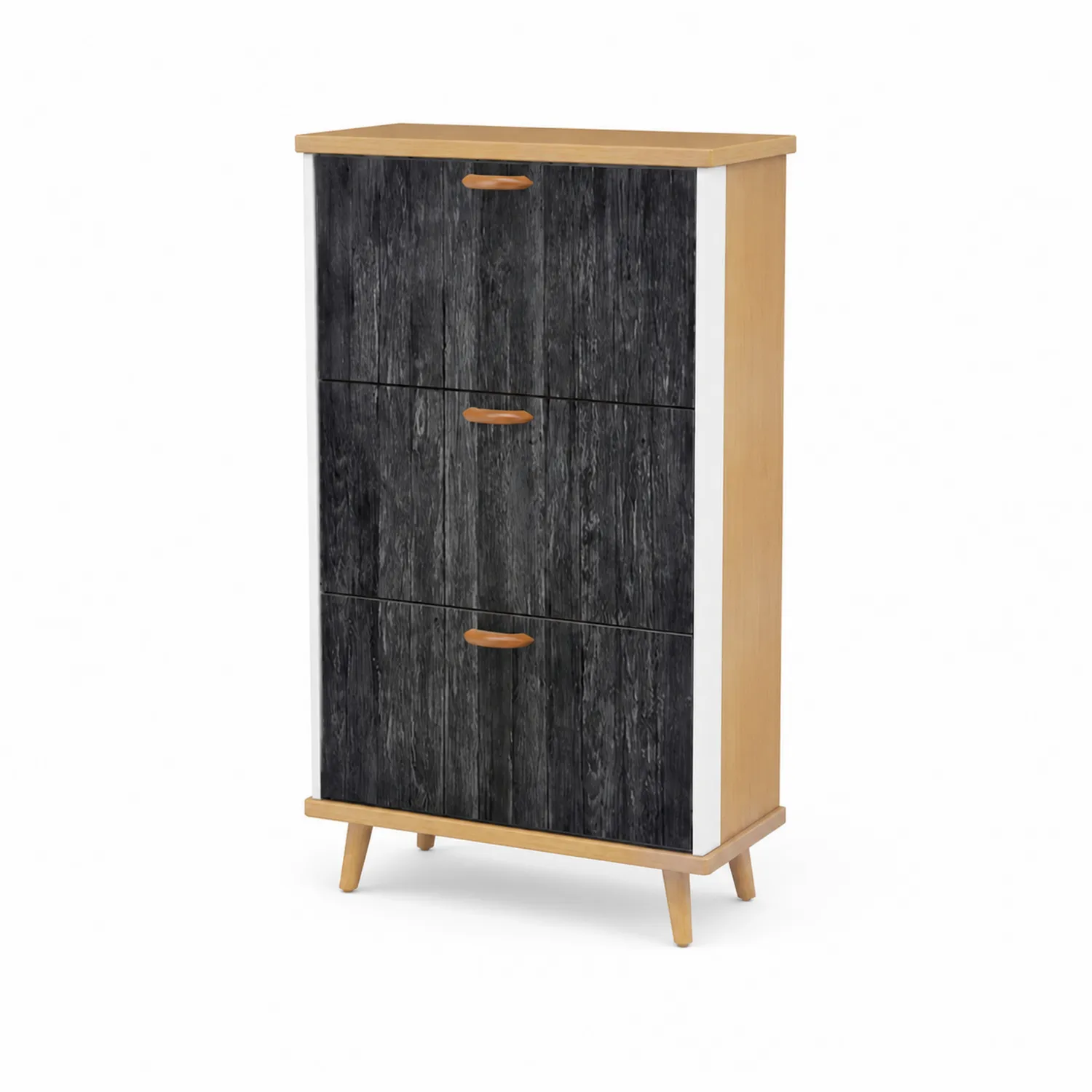 Armoire à chaussures en MDF avec portes rabattantes - 3 compartiments - Noir/Bois