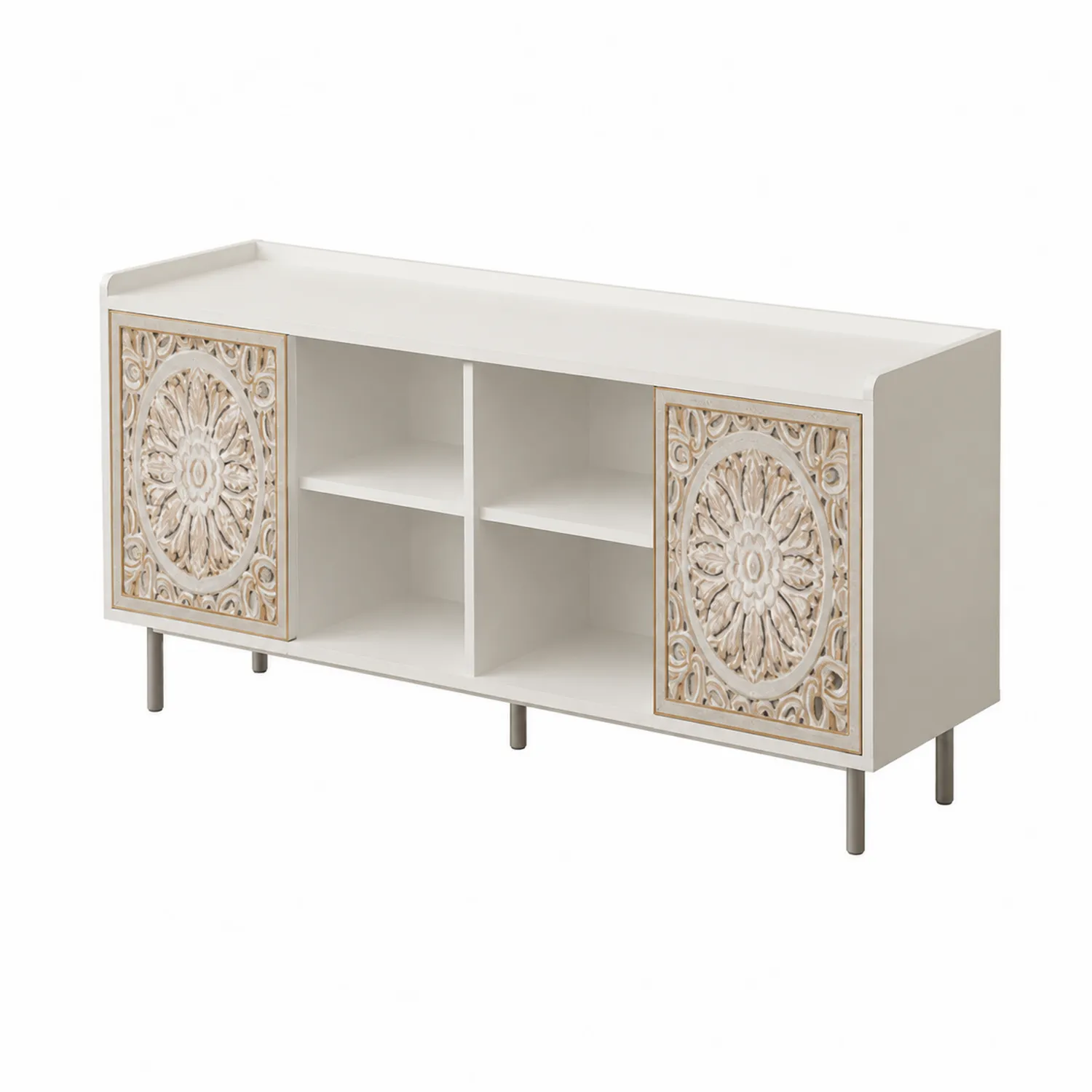 Buffet en bois avec portes coulissantes sculptées, Blanc