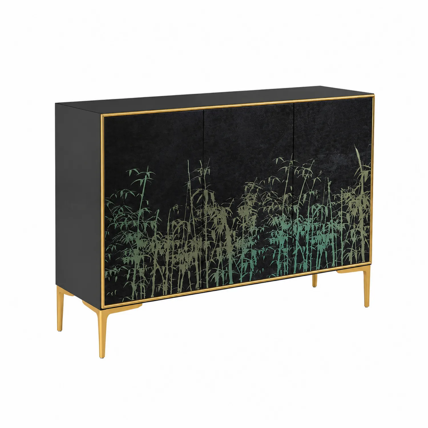 Buffet en bois avec motif bambou Noir/Doré