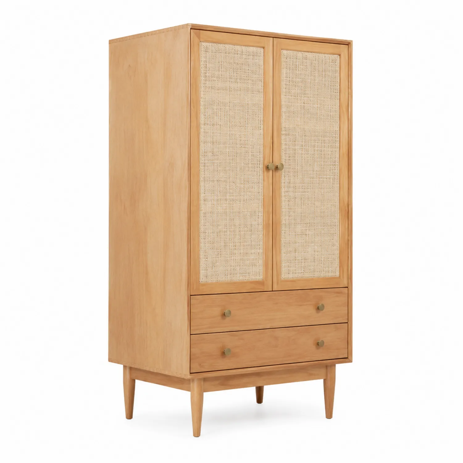 Armoire en bois avec portes en rotin et deux tiroirs