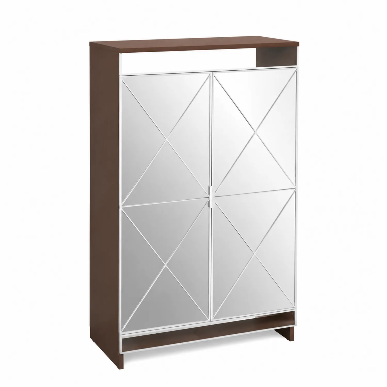 Armoire à chaussures MDF avec portes miroir marron et argent