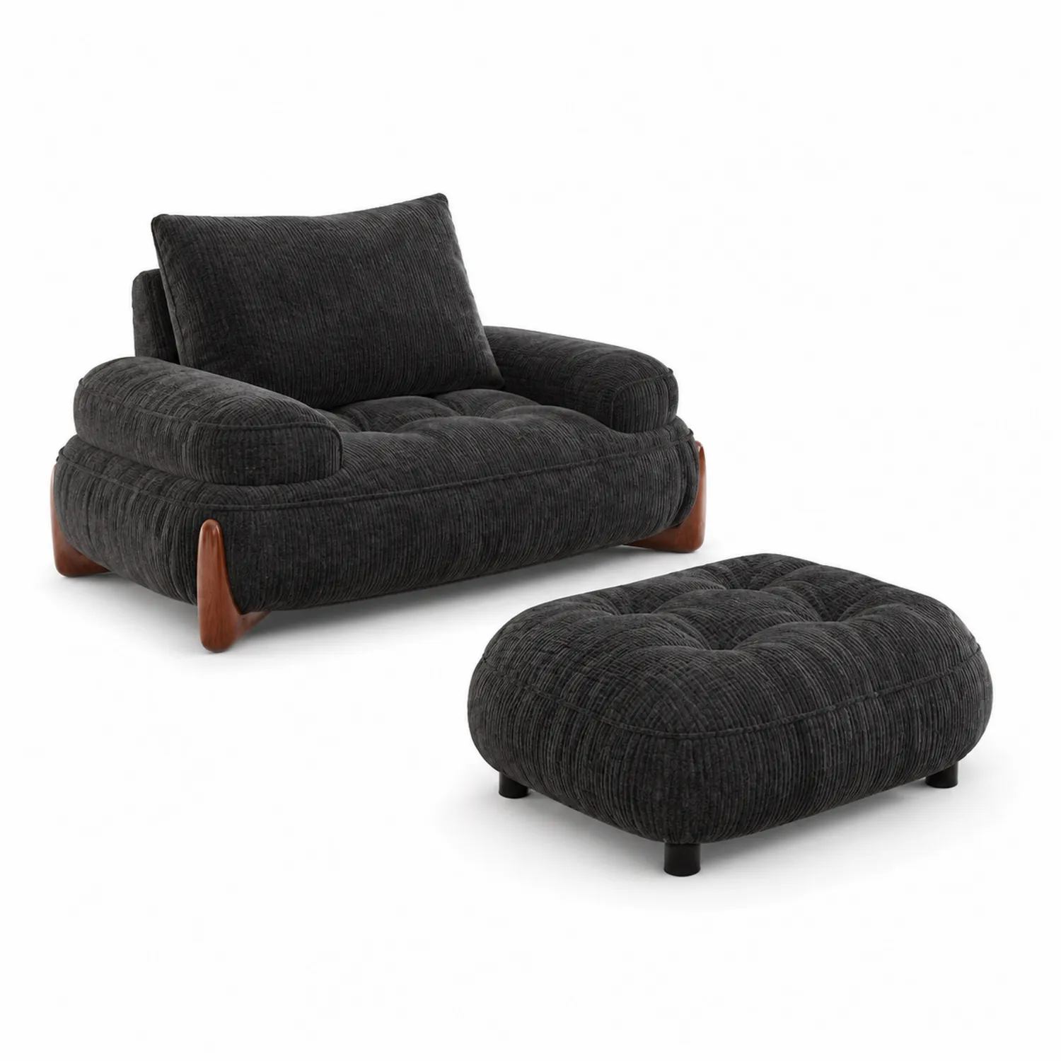 Fauteuil en Tissu Côtelé Noir avec Repose-pied