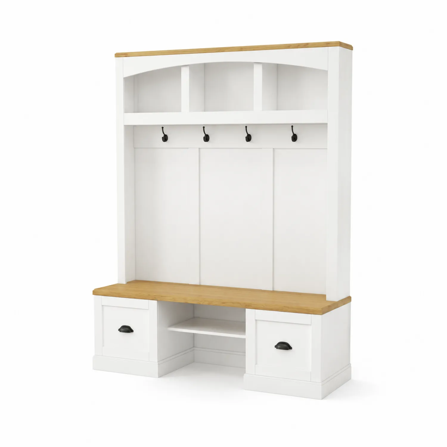 Portemanteau en bois blanc et chêne avec banc