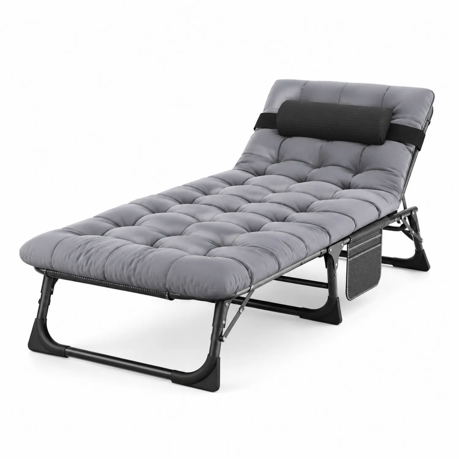 Lit de repos pliant en métal et polyester Gris avec coussin