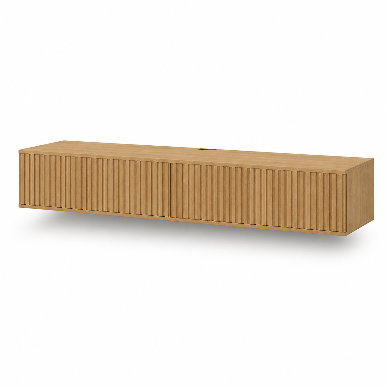 Schwebendes TV-Lowboard in Eiche-Natur-Dekor mit Lamellenfront und Kabeldurchlass 180 x 35 x 40 cm-Roomzenith