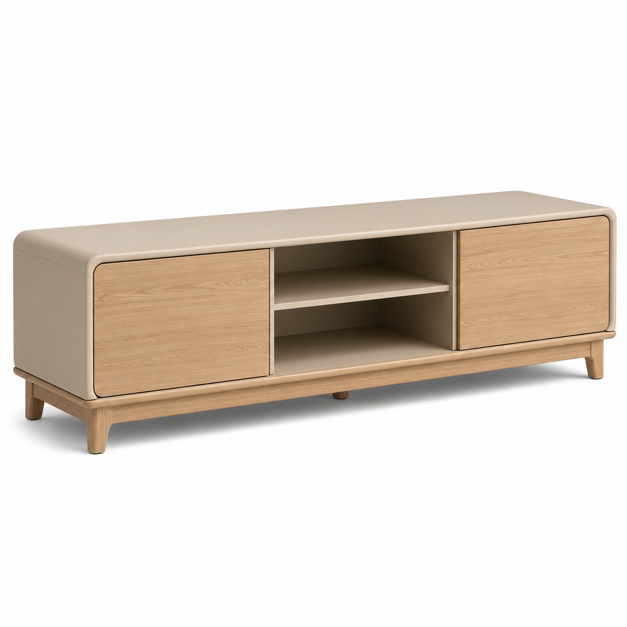 Japandi TV-Lowboard in Sandbeige mit Eiche-Akzent und abgerundeten Kanten 160 x 45 x 40 cm-Roomzenith