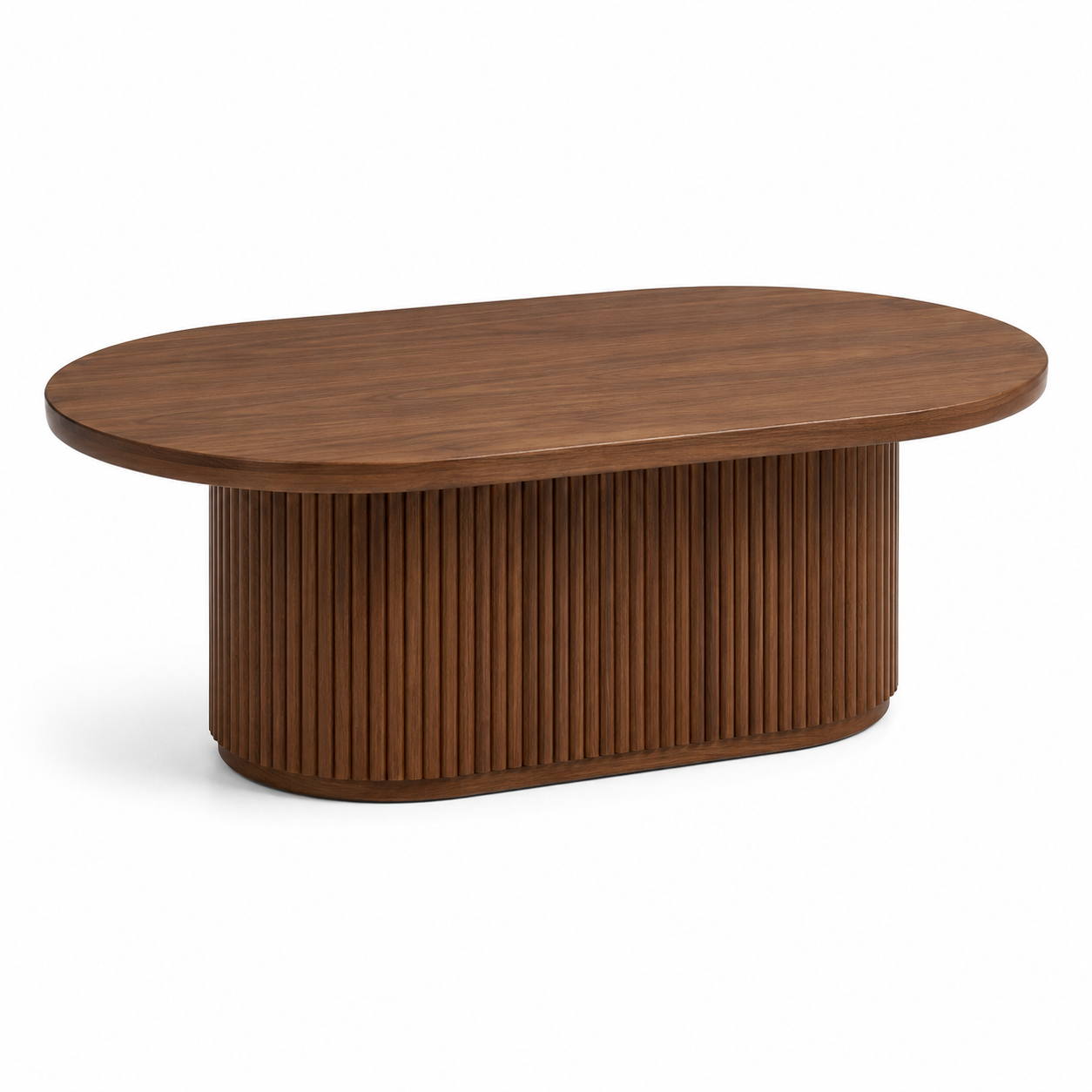 Ovaler Couchtisch in Nussbaum-Dekor mit geriffeltem Sockel 110 x 40 x 60 cm-Roomzenith
