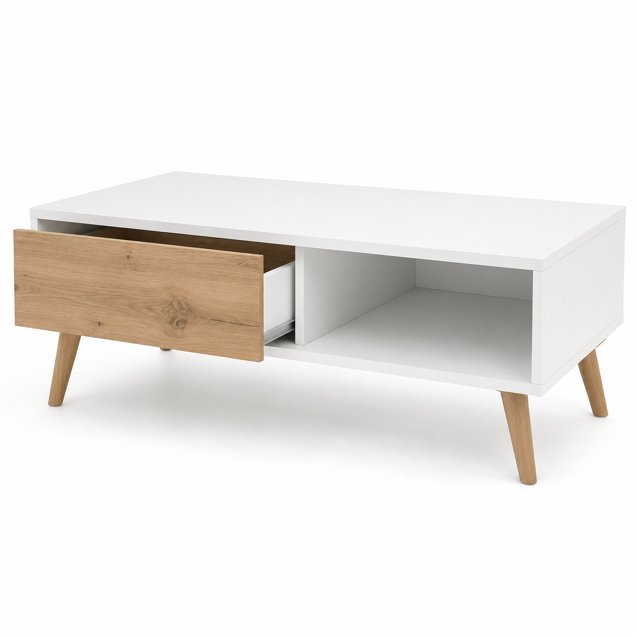 Rechteckiger Couchtisch in Mattweiß mit Eiche-Schublade 110 x 42 x 60 cm-Roomzenith