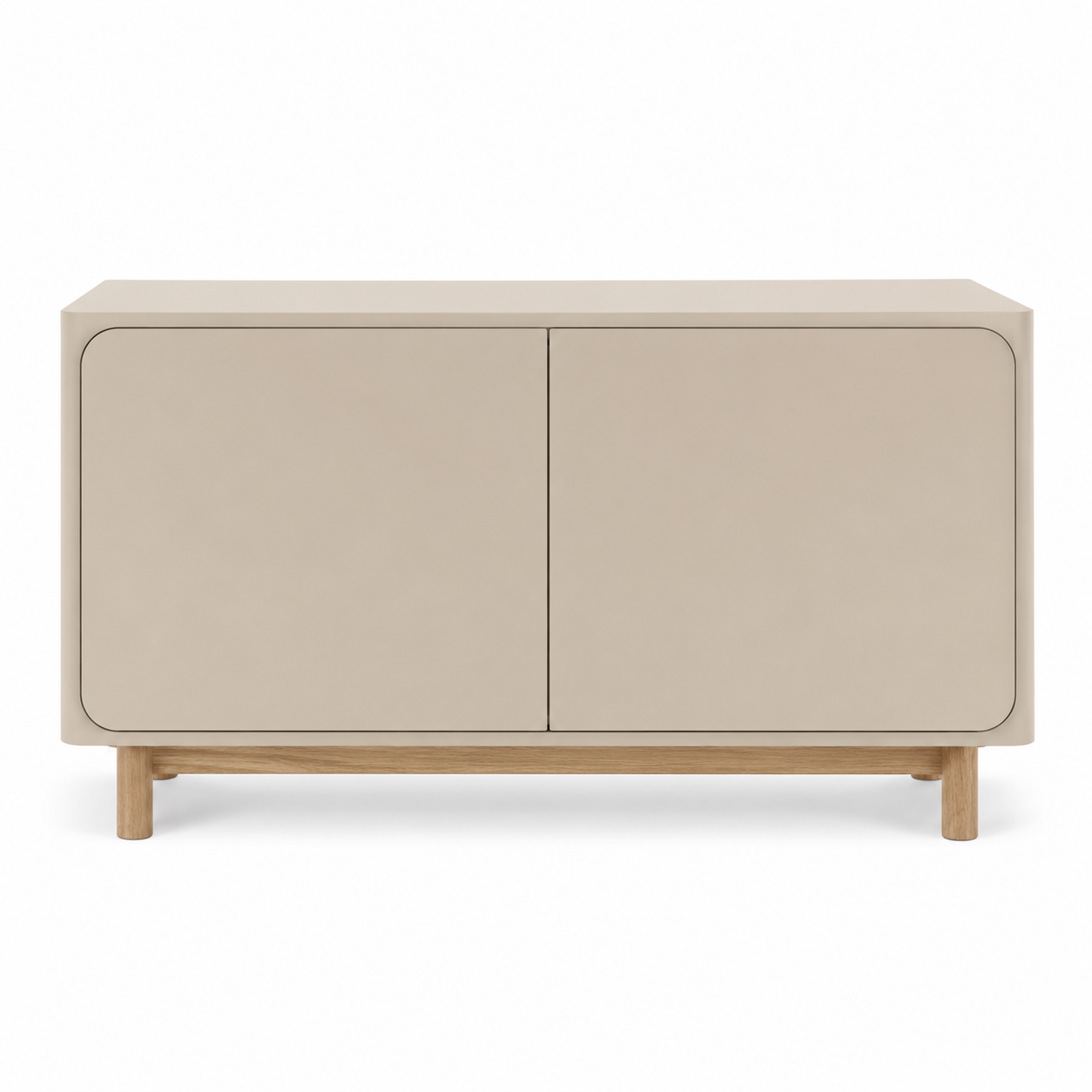 Sideboard in Sandbeige mit abgerundeten Türen und Eiche-Füßen 140 x 78 x 40 cm-Roomzenith