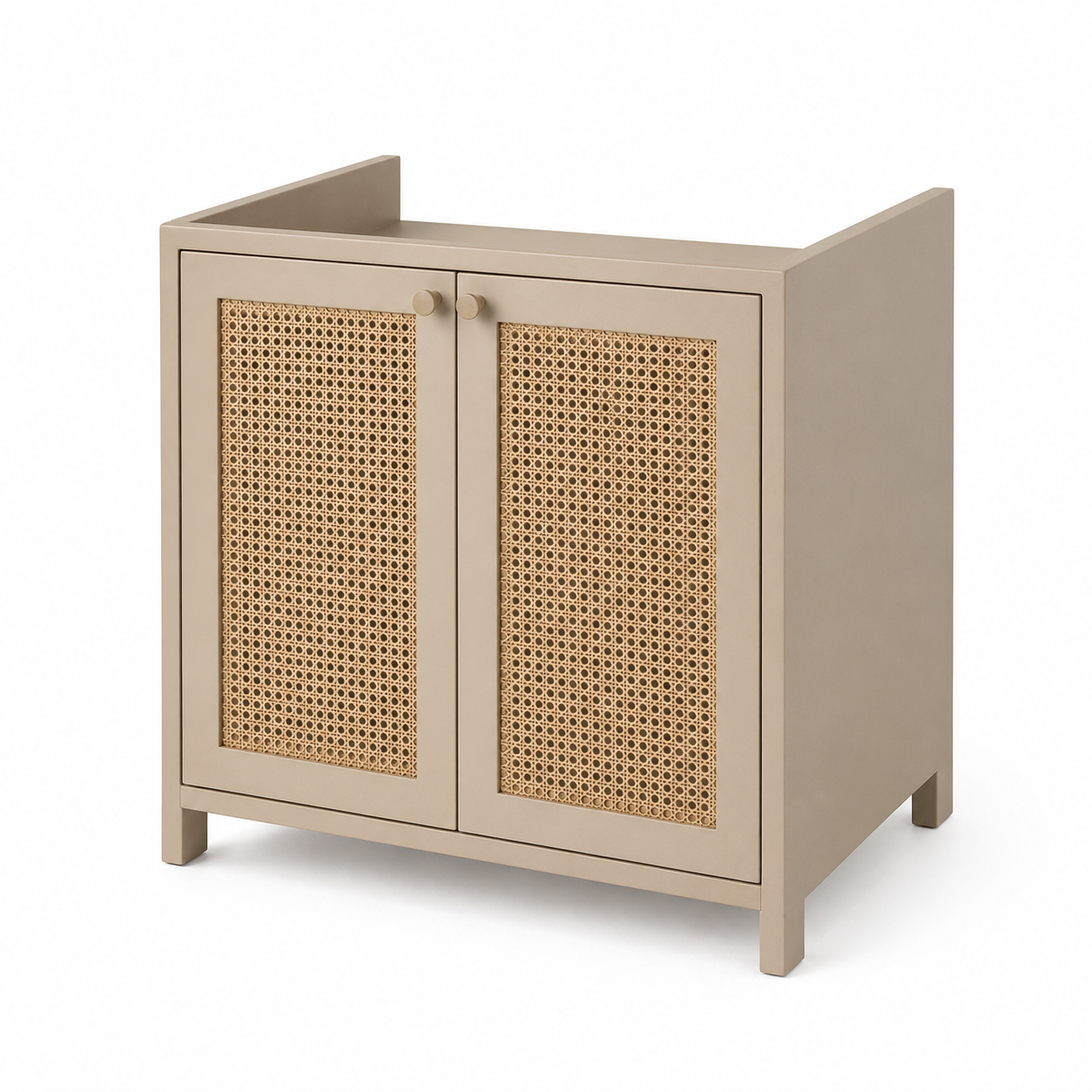 Japandi Waschtischunterschrank in Sandbeige mit Rattanoptik-Front 60 x 58 x 45 cm-Roomzenith