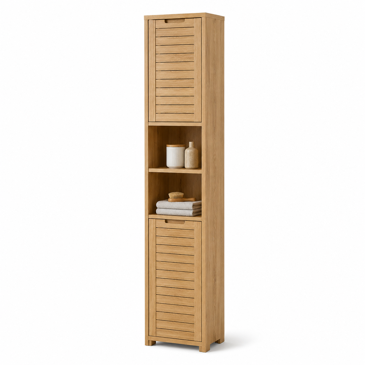 Bad-Hochschrank in Eiche-Natur-Dekor mit Lamellenfront und offenen Fächern 35 x 190 x 32 cm-Roomzenith