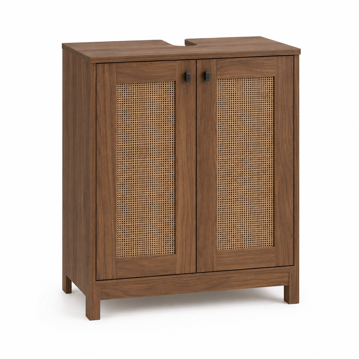Bad-Unterschrank in Nussbaum-Dekor mit Rattanoptik-Einsatz 55 x 80 x 33 cm-Roomzenith