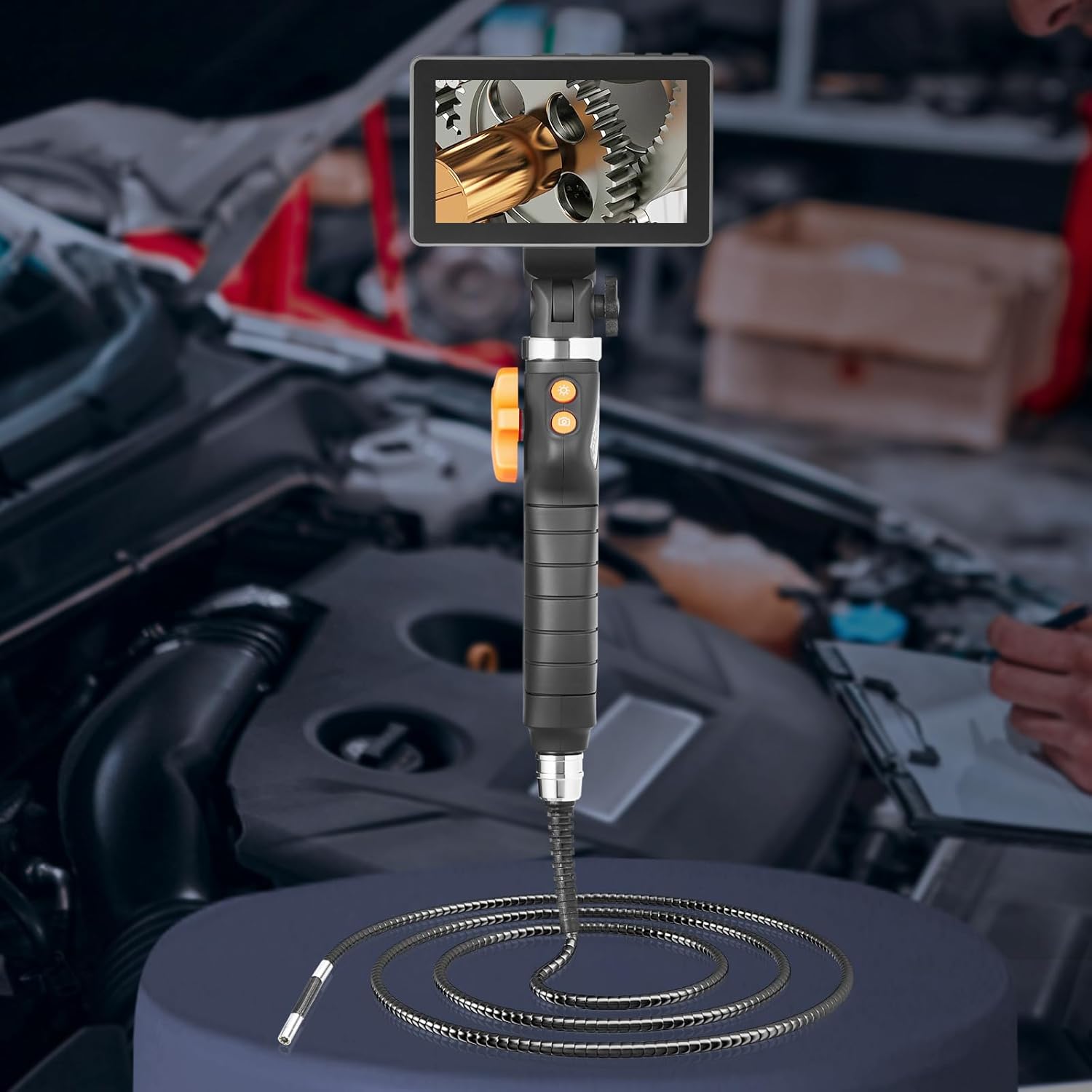 Two-Way Articulating Borescope with Light, Inspection Camera with 0.25" Lens, 5" IPS HD Screen, Flexible Mechanic Fiber Optic Snake Scope Cam for Wall Automotive Engine Inspect-4.9FT