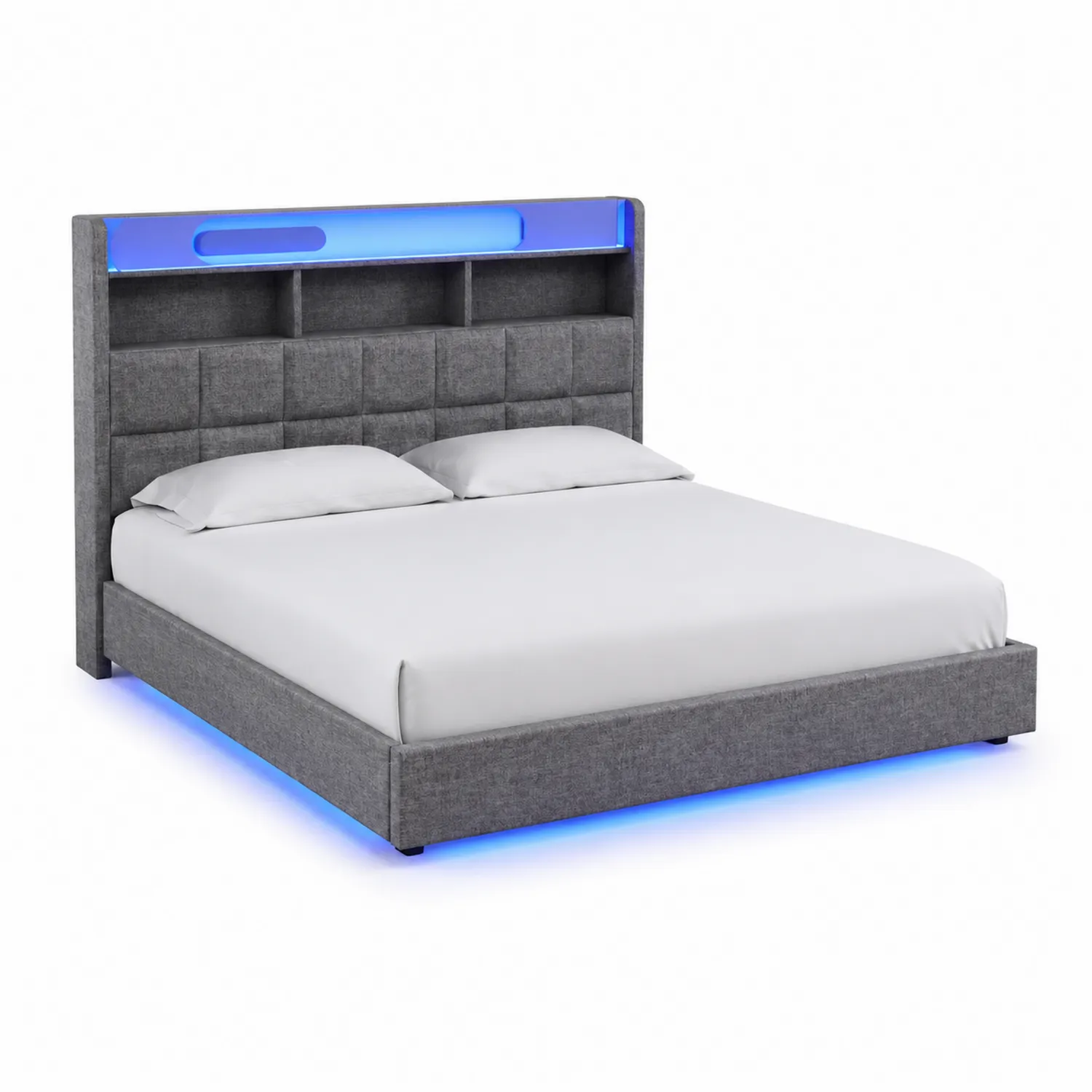 Lit en tissu gris avec LED et rangements intégrés-Elpitorin
