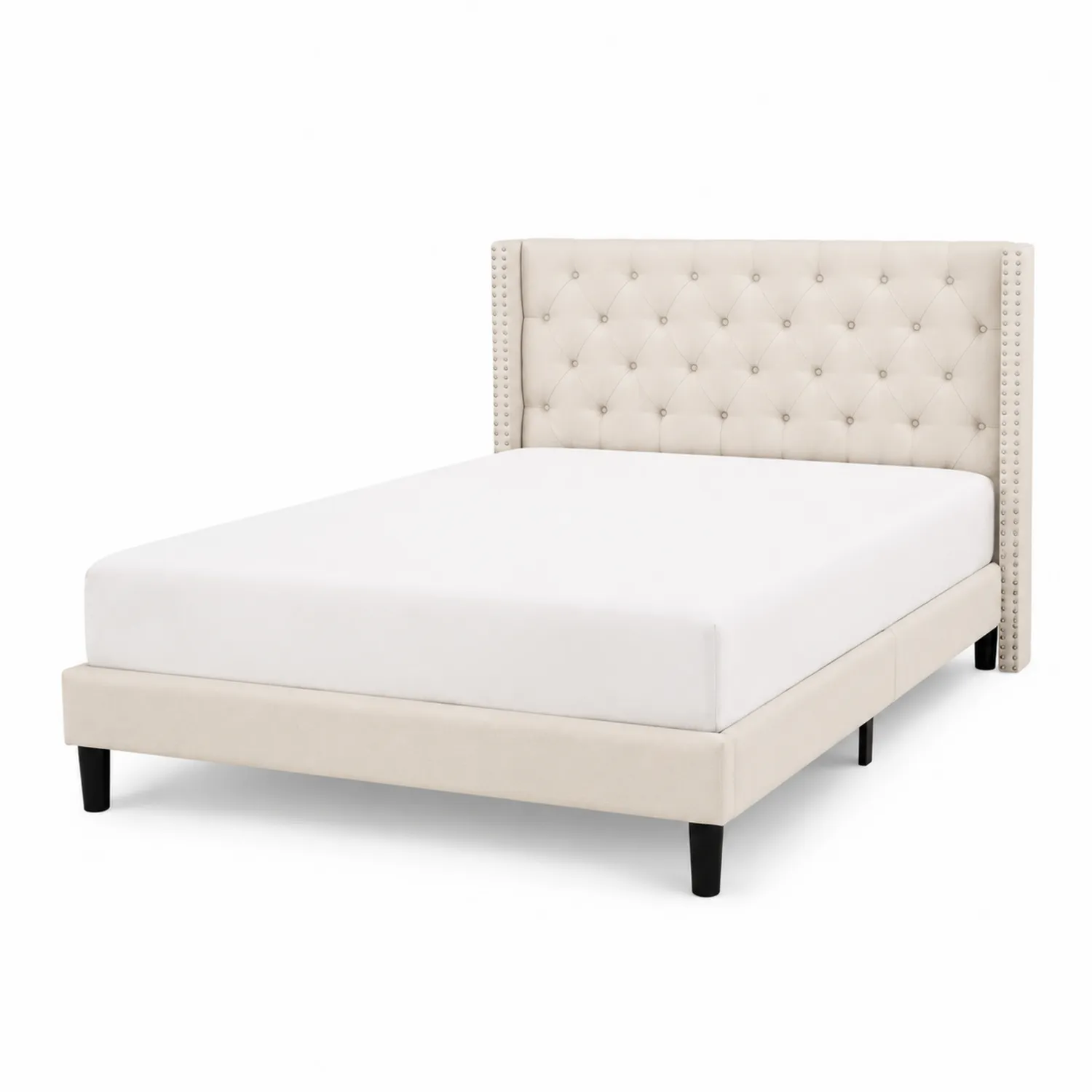 Lit double en tissu et bois Beige 150x200 cm-Elpitorin