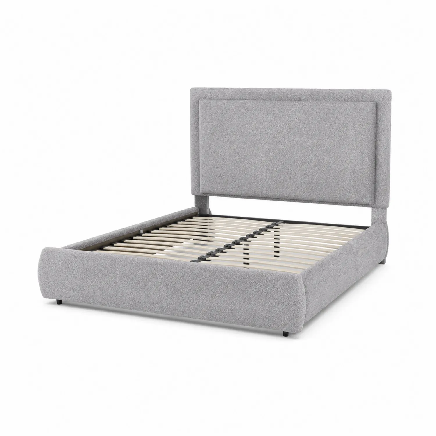 Lit double en tissu gris avec tête de lit rembourrée-Elpitorin