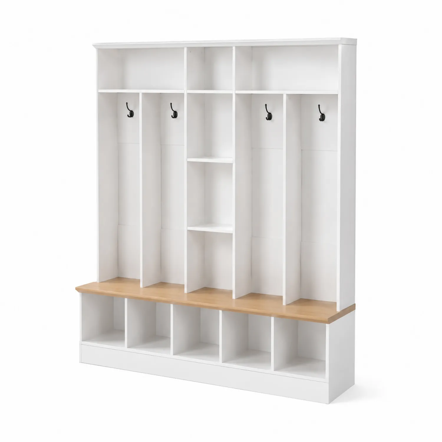 Vestiaire en bois et métal avec banc, Blanc et Bois clair, 200x180x35 cm-Elpitorin