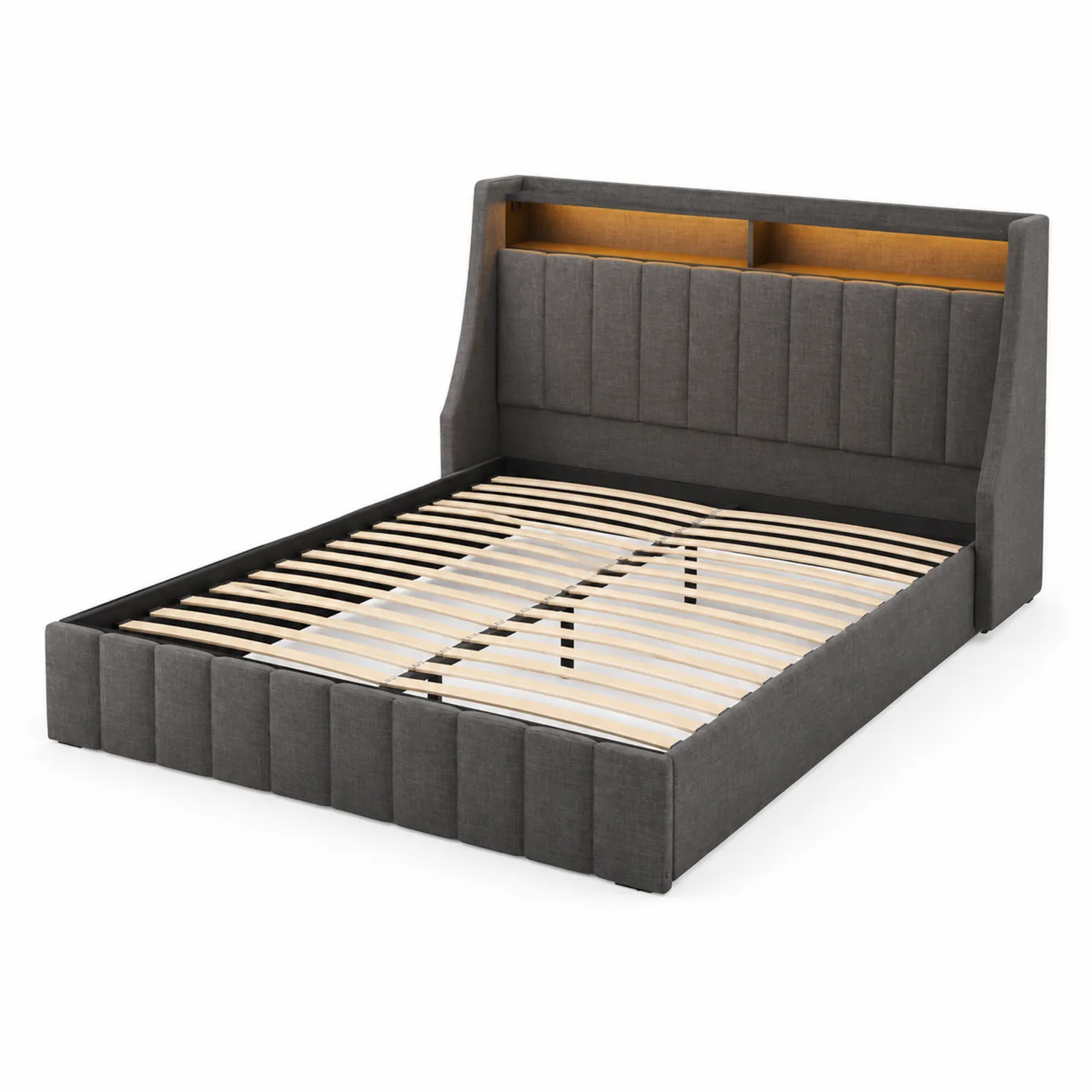 Lit double en tissu polyester avec rangement 160x200 cm-Elpitorin