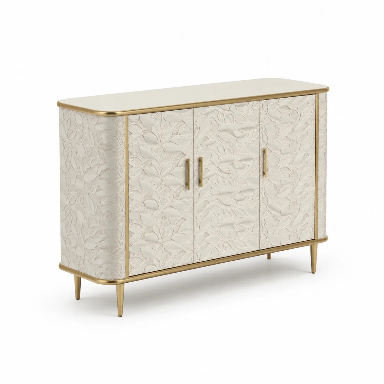 Buffet en bois MDF avec détails floraux, 120x80x40 cm, Beige et Doré-Elpitorin