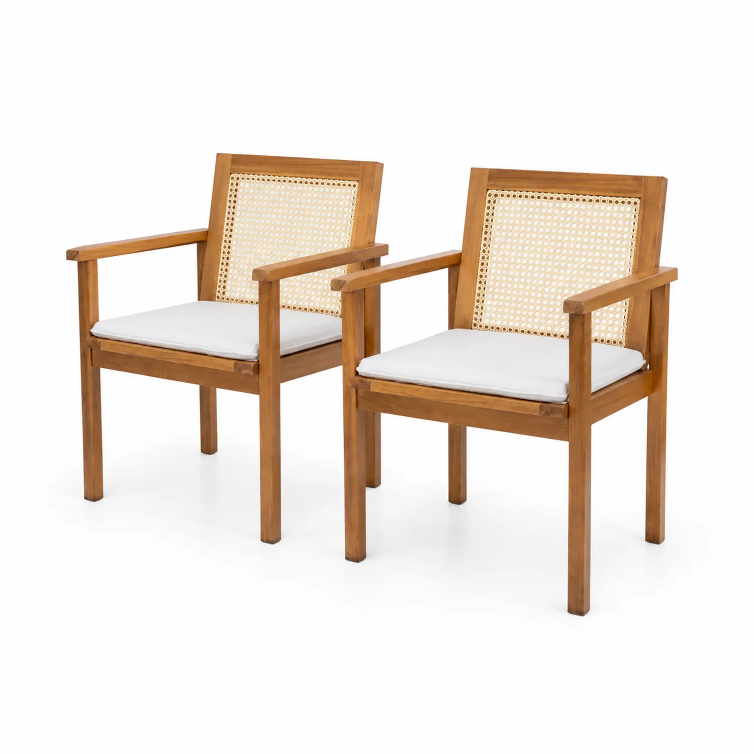 Chaises en bois d'acacia avec dossier en rotin et coussin blanc, lot de 2-Elpitorin
