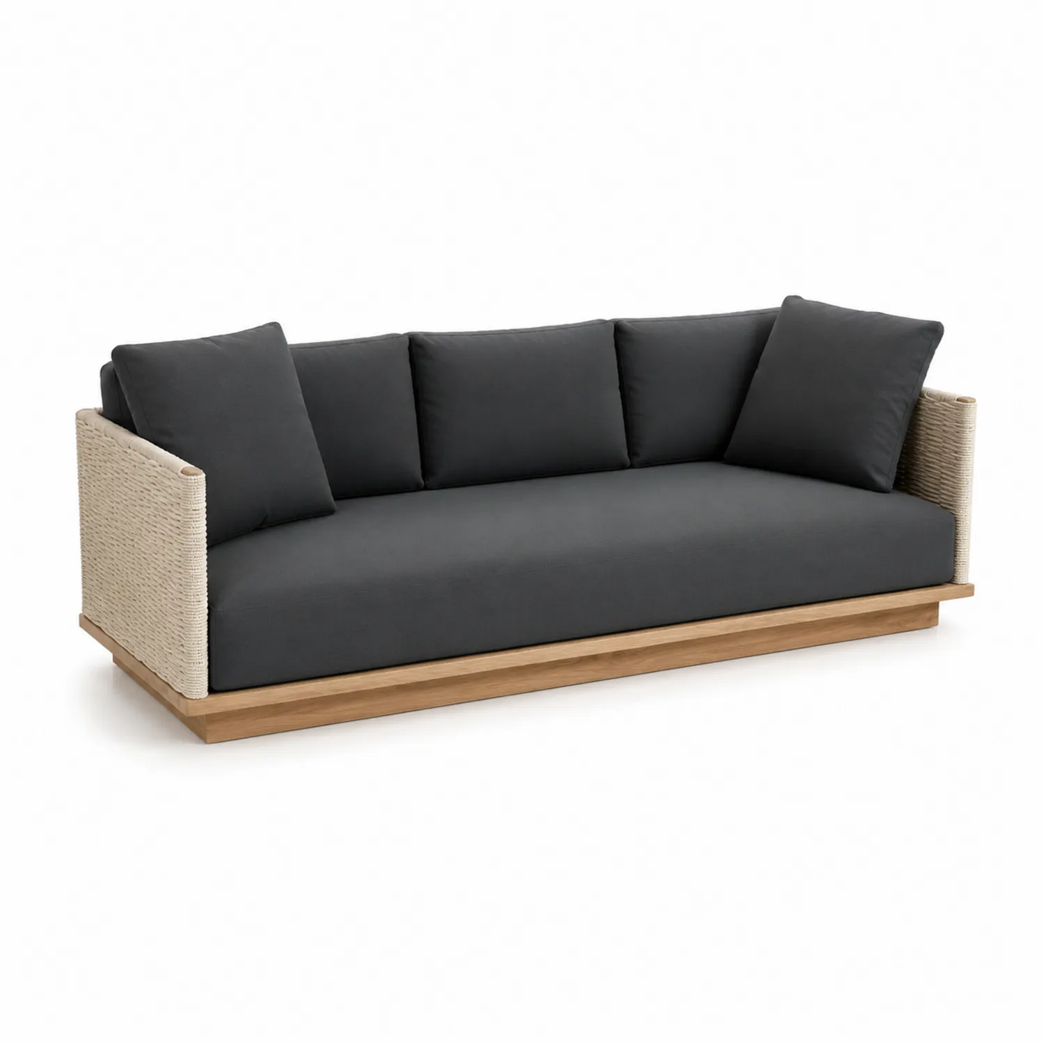 Canapé d'extérieur en bois et corde avec coussins en polyester gris-Elpitorin