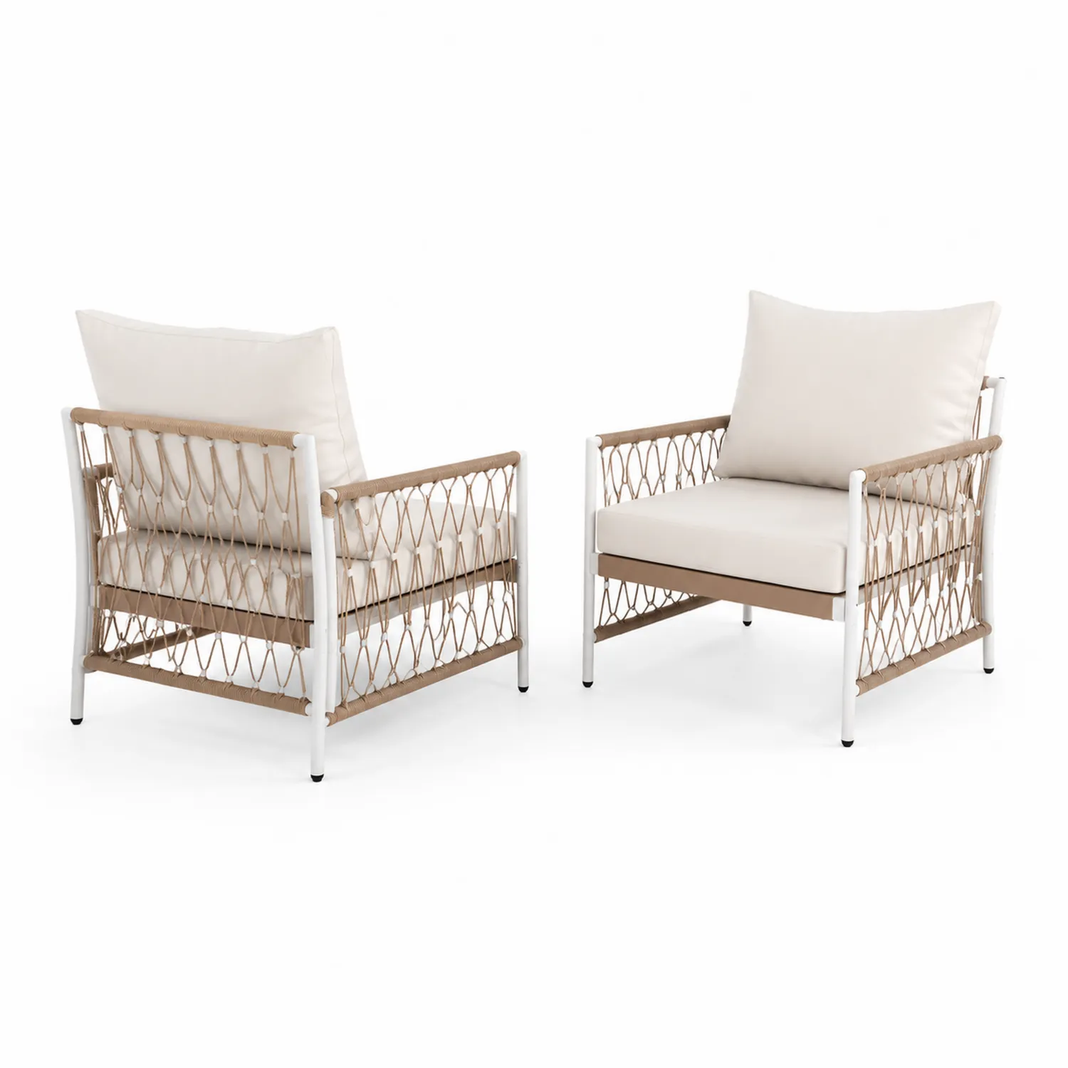 Ensemble de fauteuils extérieurs en aluminium et corde beige, coussins crème-Elpitorin