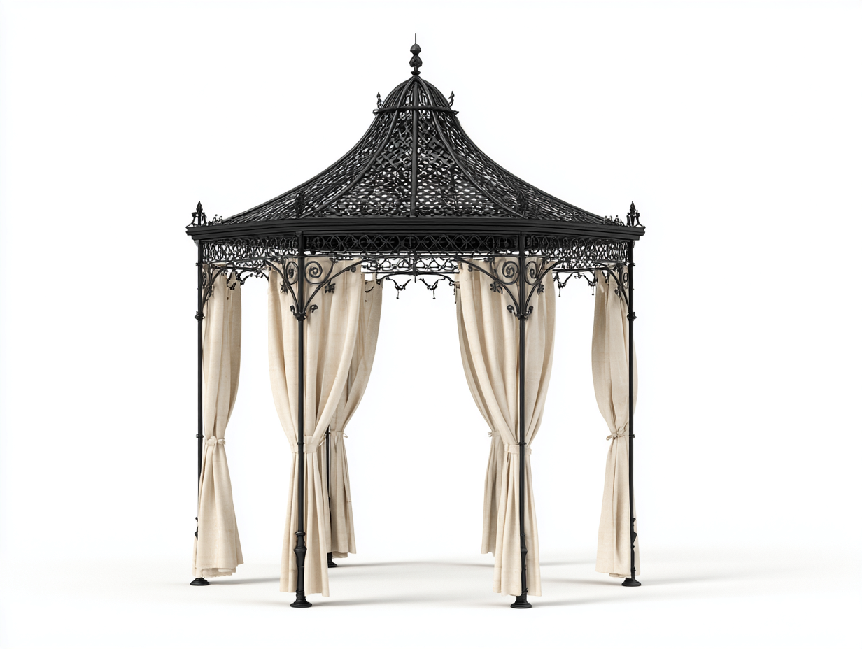 Pérgola de jardín 300x300x280 cm estructura metal negro con cortinas beige diseño clásico-Ramoniadwell