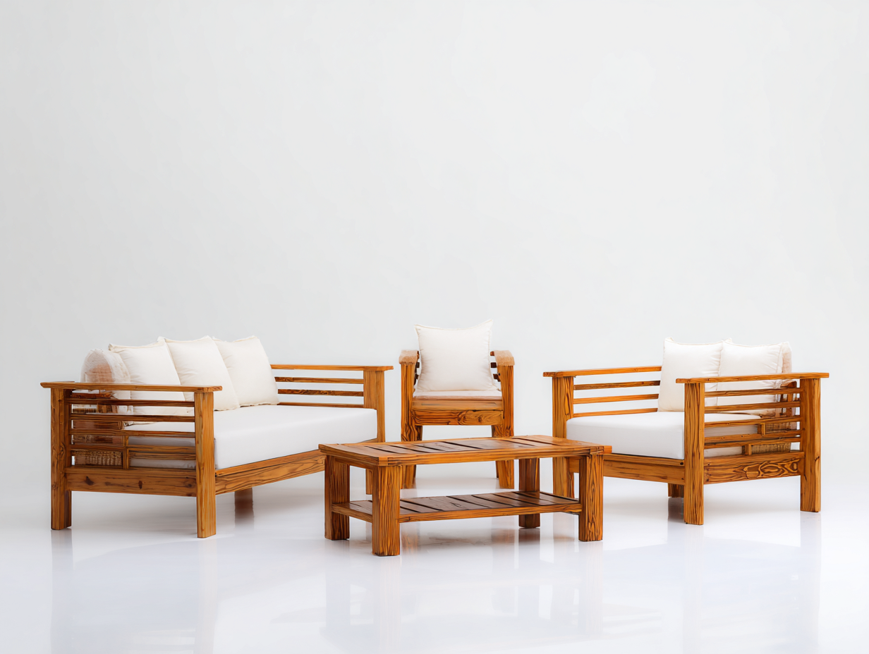 Sofás de exterior 180x75x75 cm madera maciza color marrón con mesa 100x60x45 cm y 2 sillones 75x75x75 cm y 65x75x75 cm - diseño natural-Ramoniadwell