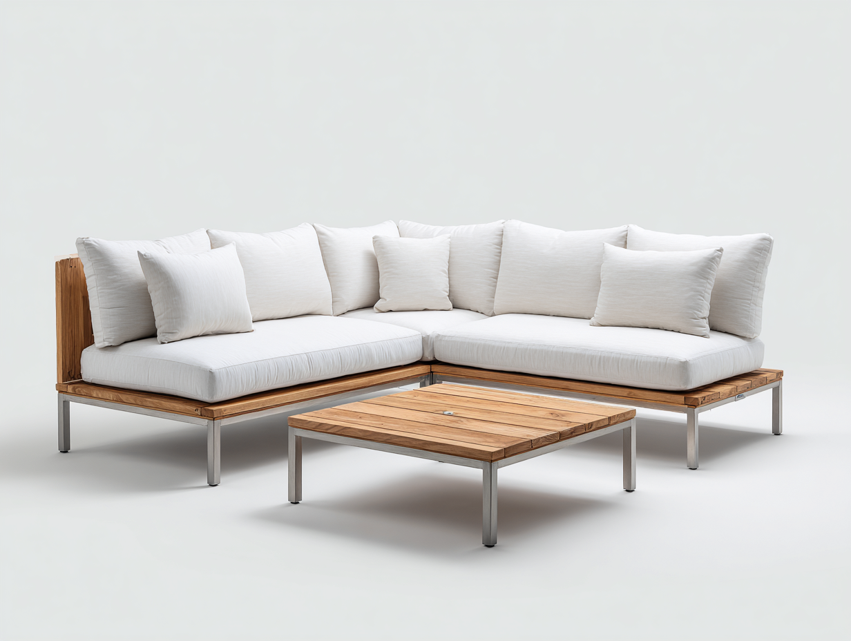 Sofás de exterior 220x220x75 cm madera maciza y metal color marrón con mesa 90x90x40 cm - diseño moderno-Ramoniadwell