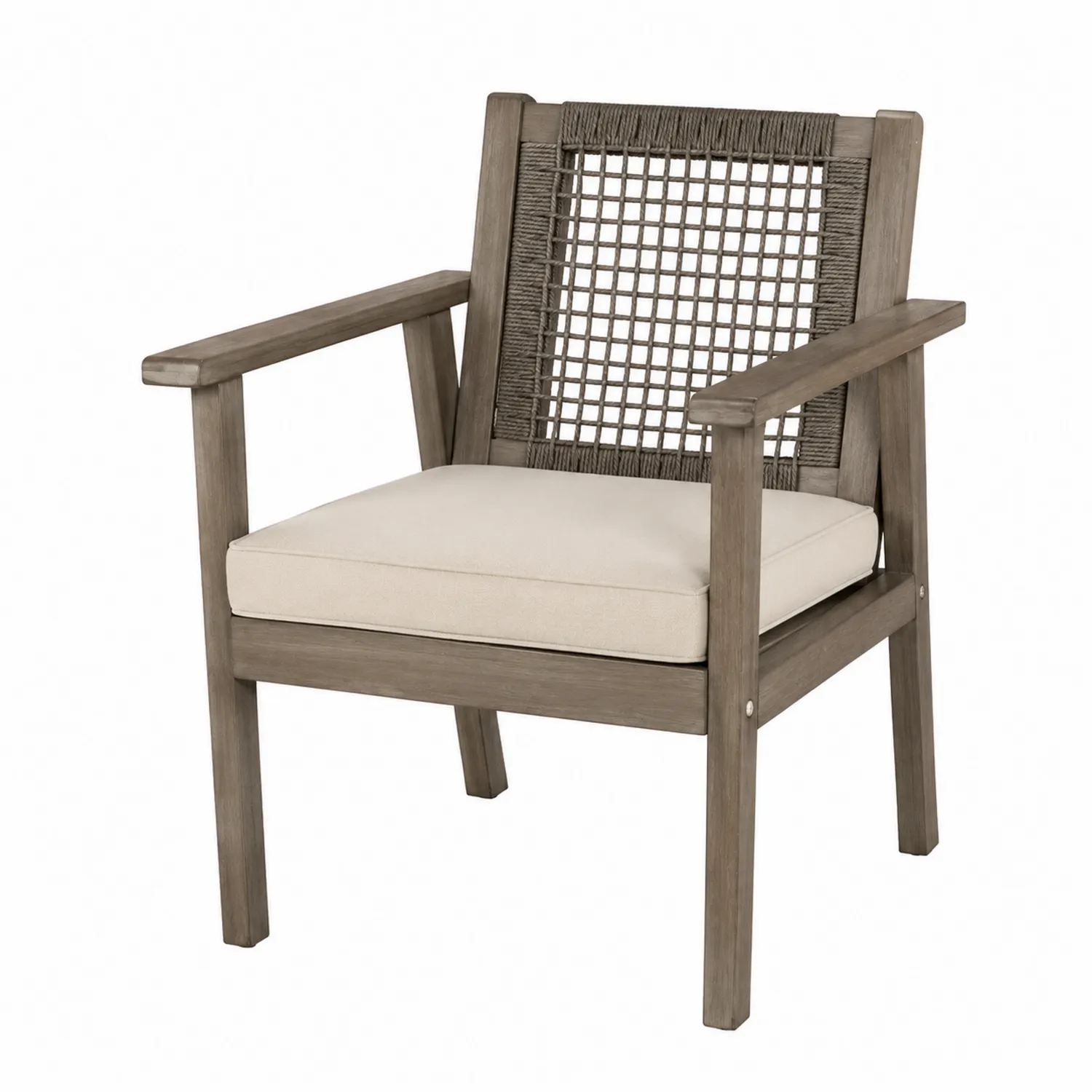 Fauteuil en bois avec dossier en corde et coussin beige