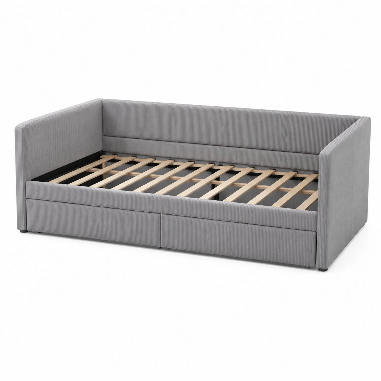 Lit de jour en bois et tissu côtelé gris avec tiroirs