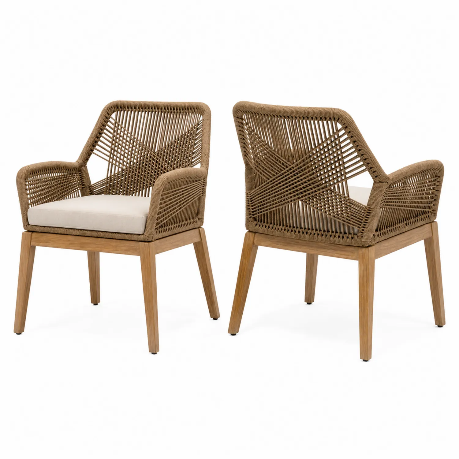 Paire de chaises en bois et corde avec coussins, 60 x 58 x 85 cm