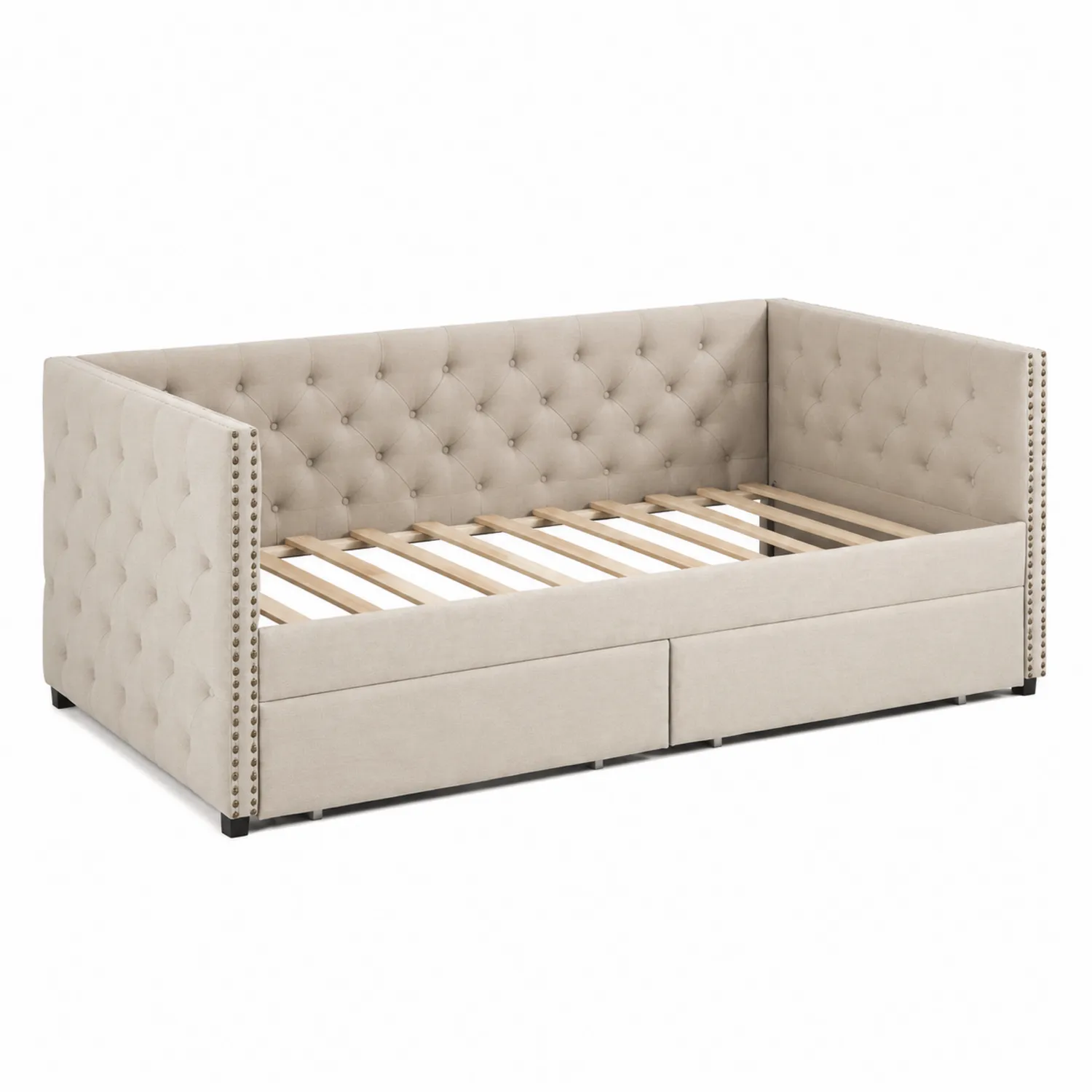 Lit de jour en tissu et bois avec rangement Beige 200x90 cm