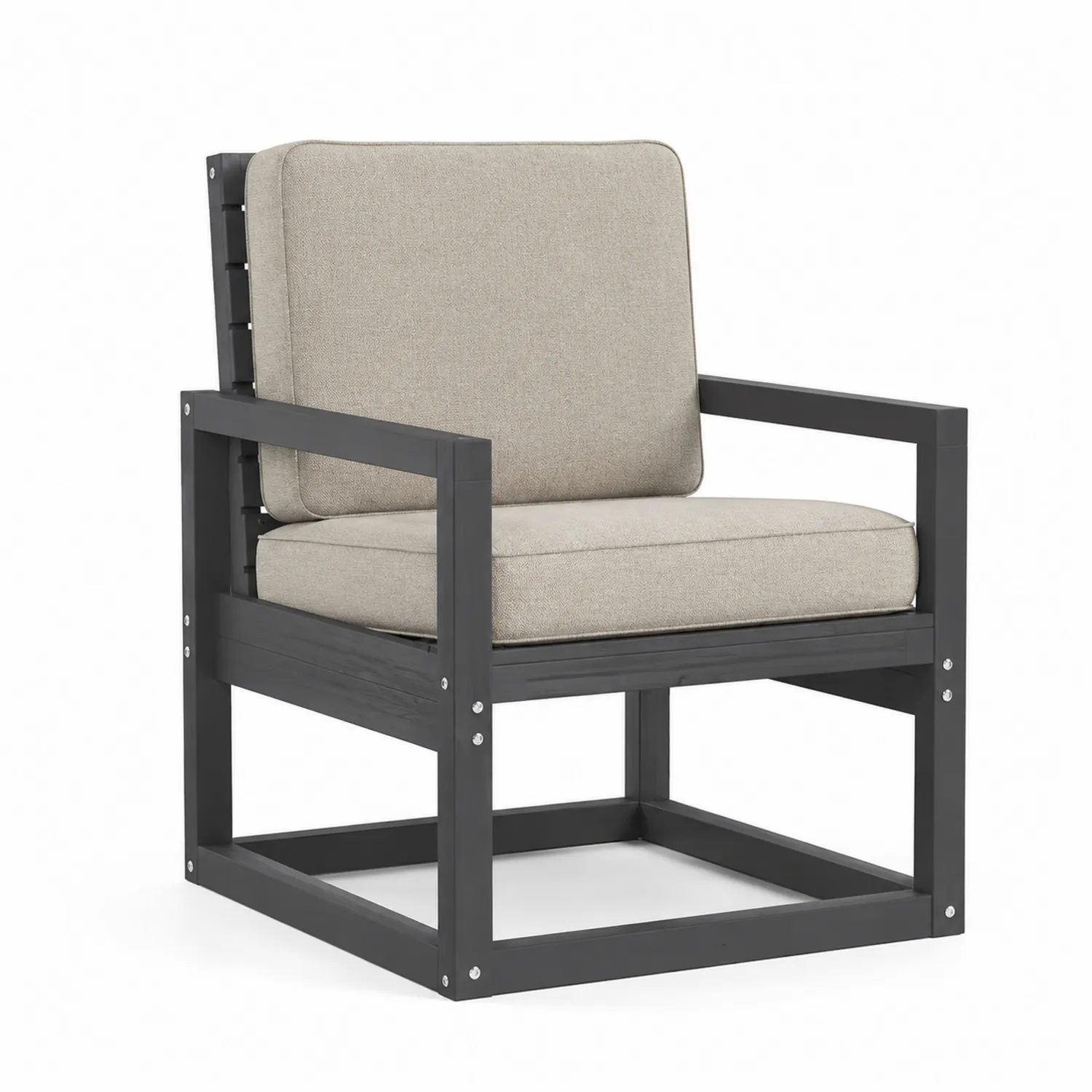 Fauteuil en bois avec coussins en tissu, Beige et Noir, 80cm x 70cm x 85cm