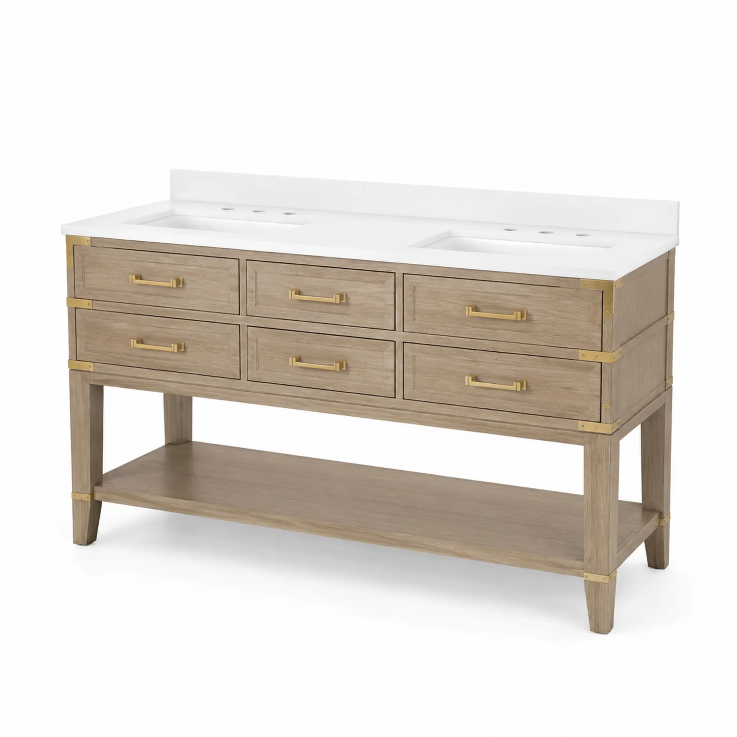Meuble lavabo double en bois avec plan en céramique et finitions dorées