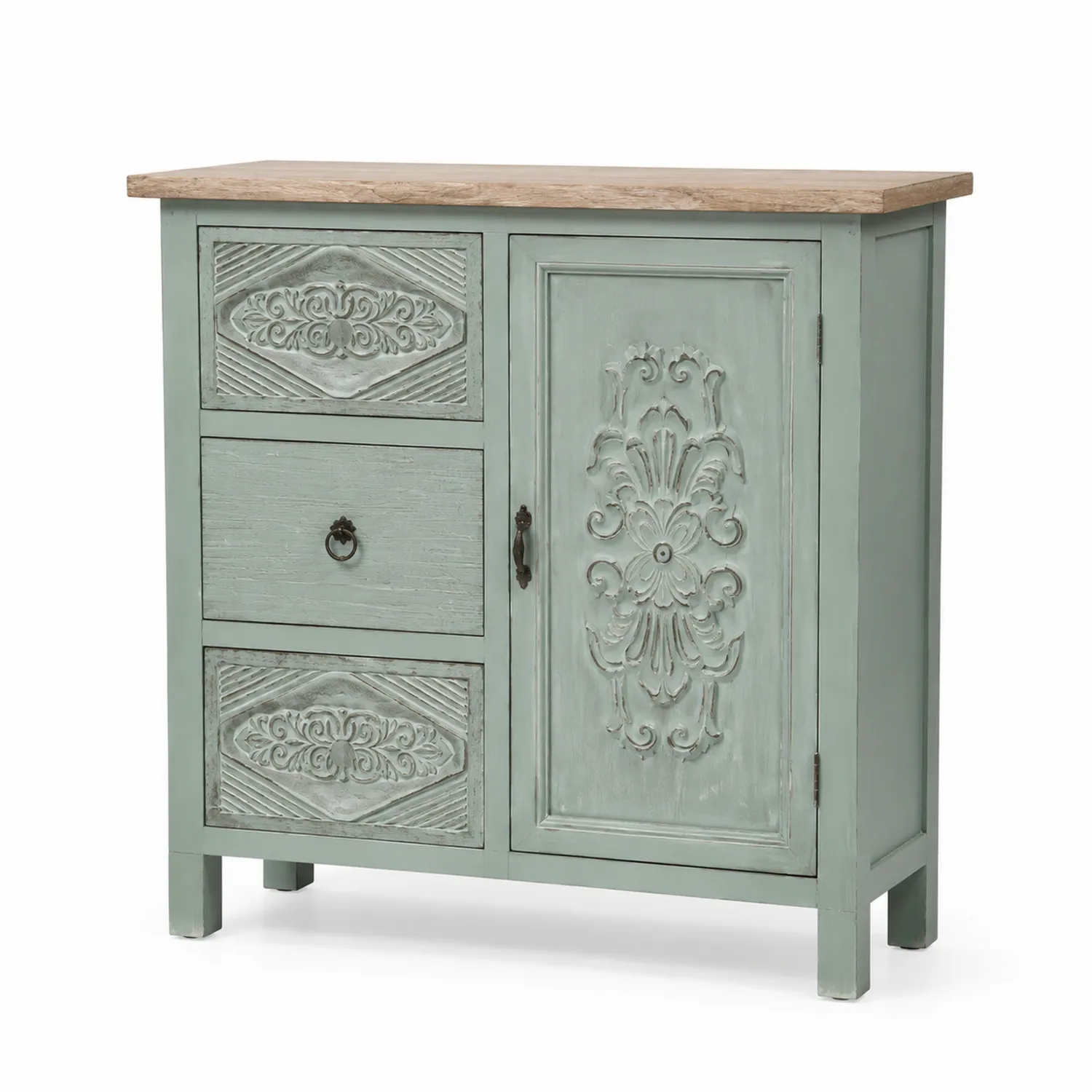 Buffet Bois Vert avec Motifs Sculptés