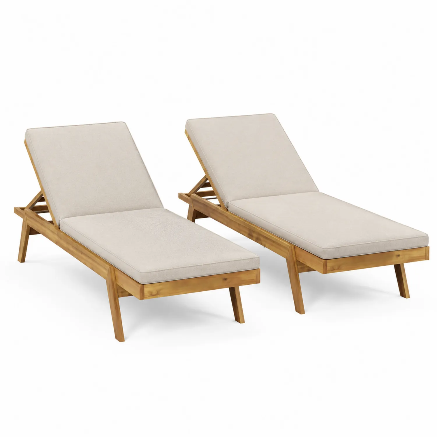 Ensemble de chaises longues en bois avec coussins en tissu polyester crème