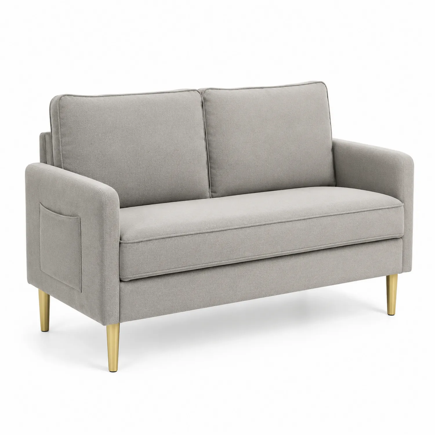 Canapé en tissu polyester gris clair avec pieds en métal doré