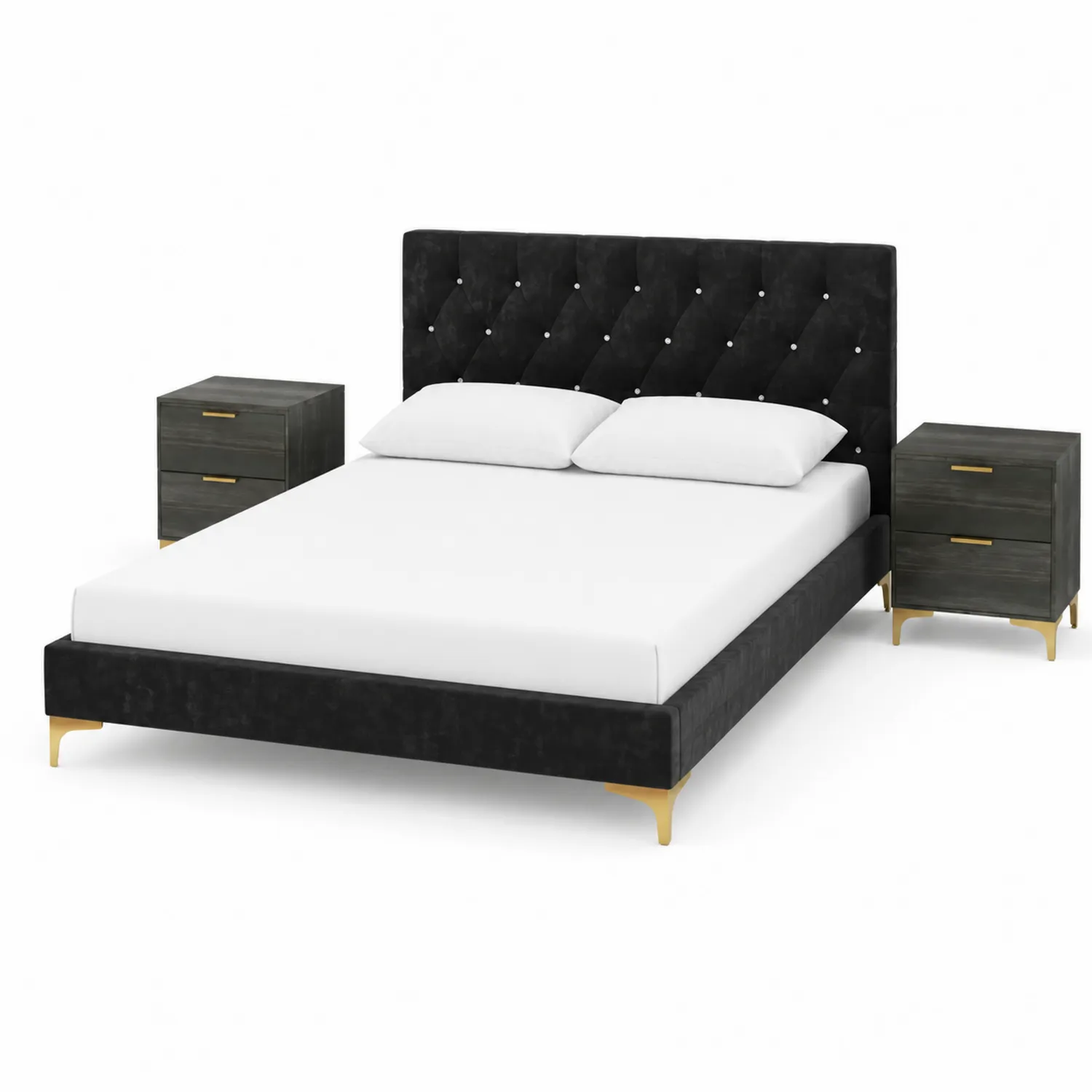 Lit en velours noir avec tables de chevet en bois