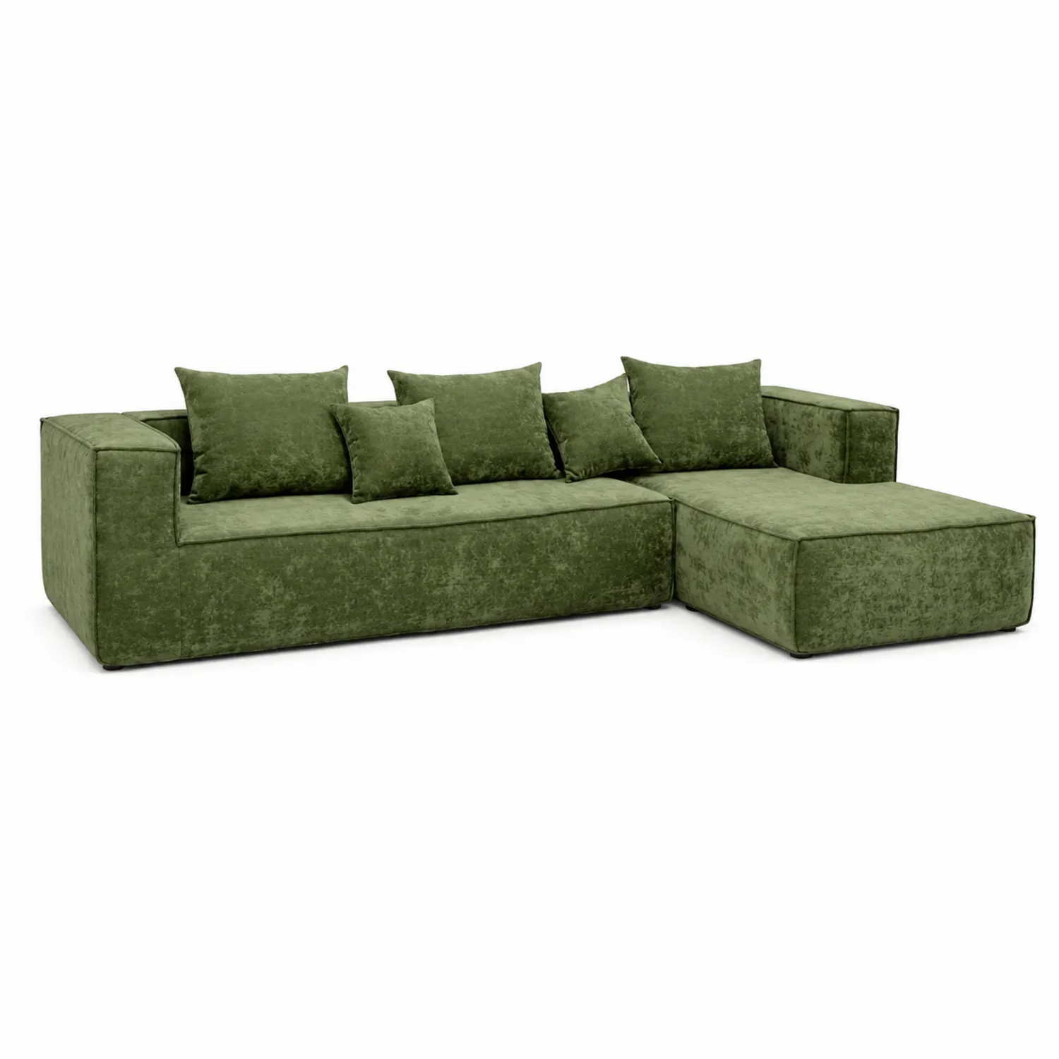 Canapé d'angle en velours vert avec coussins