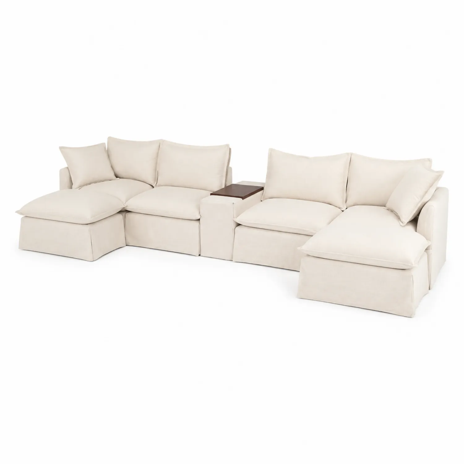 Canapé d'angle modulable en tissu beige avec méridiennes et table intégrée