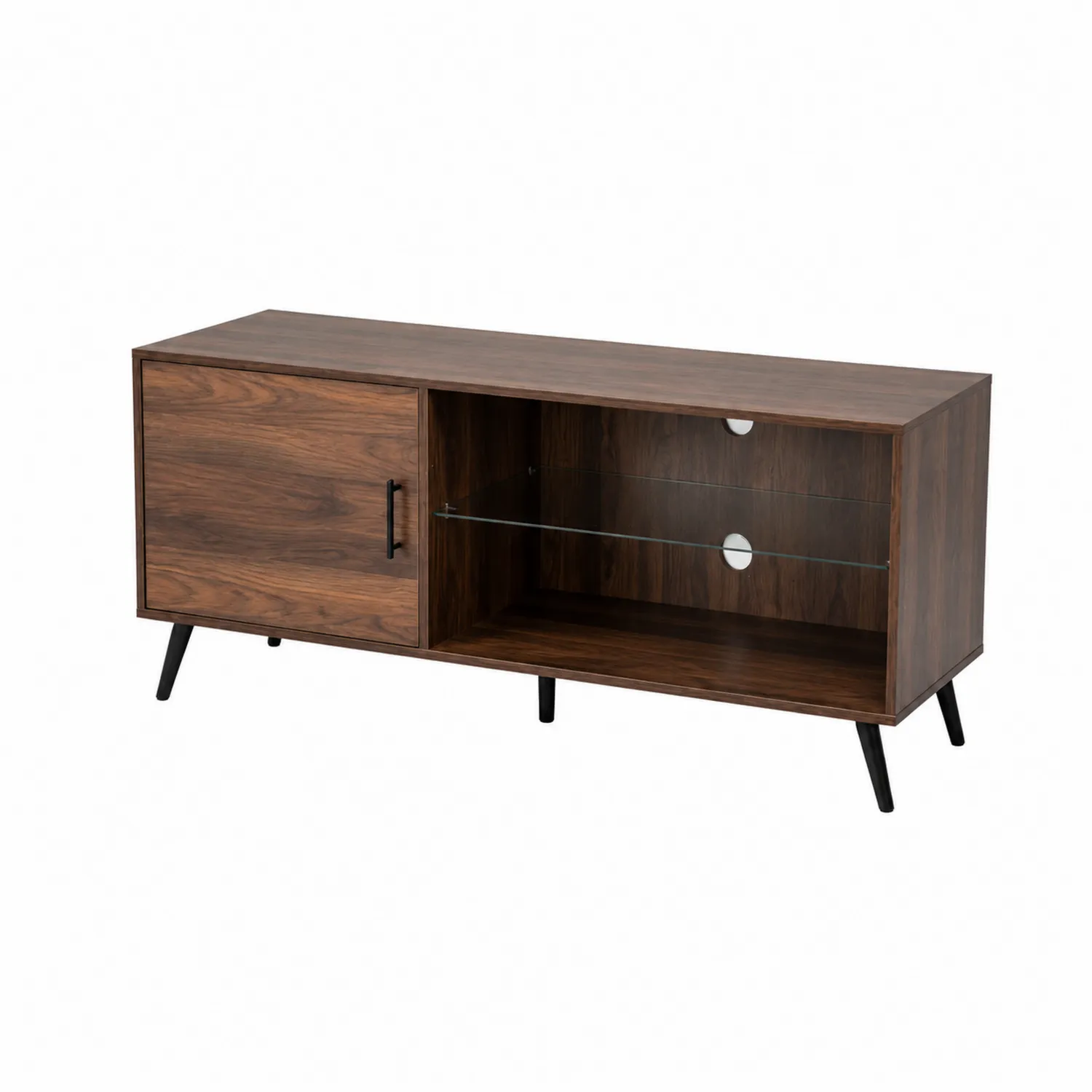 Meuble TV en bois de noyer avec étagère en verre trempé