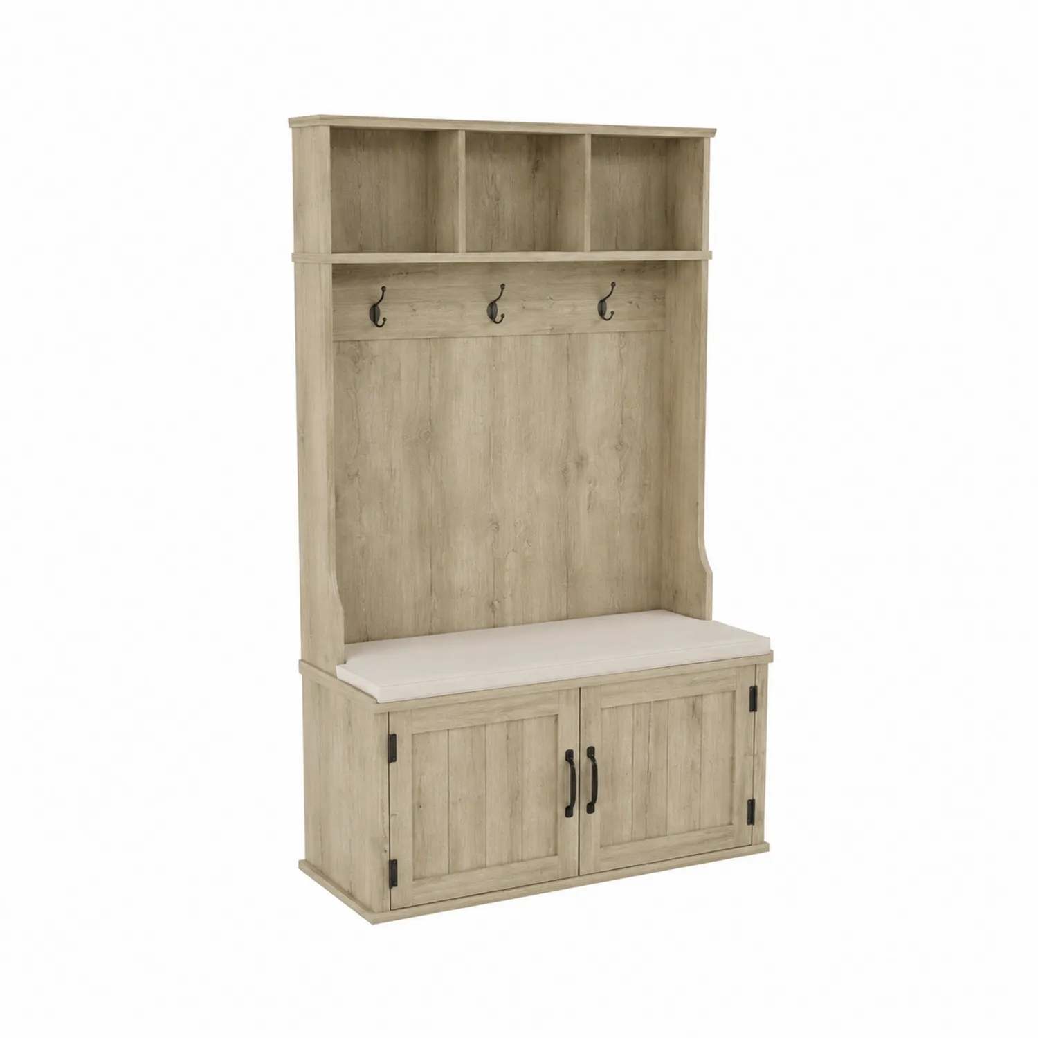 Meuble d'entrée en bois avec banc et étagères