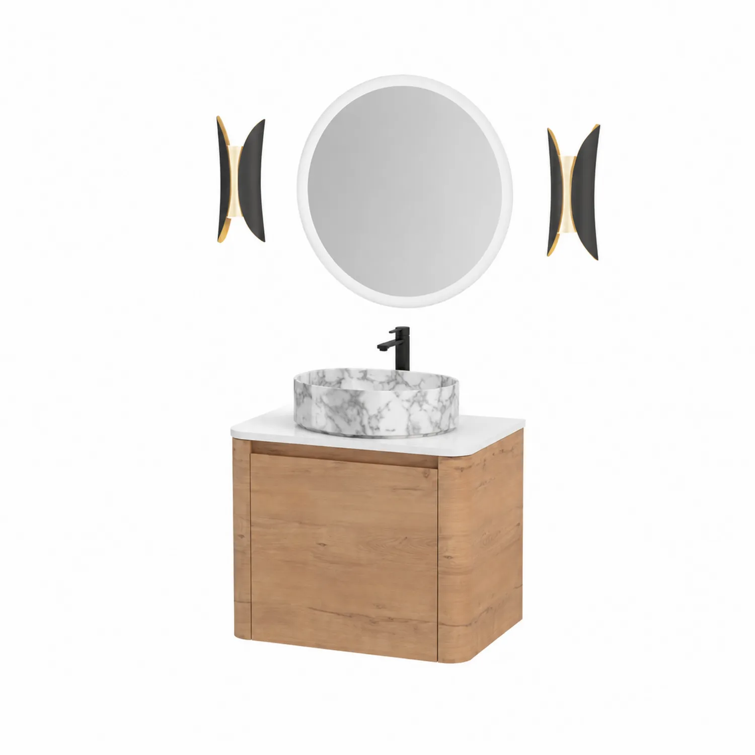 Meuble lavabo bois avec vasque marbre et miroir rond