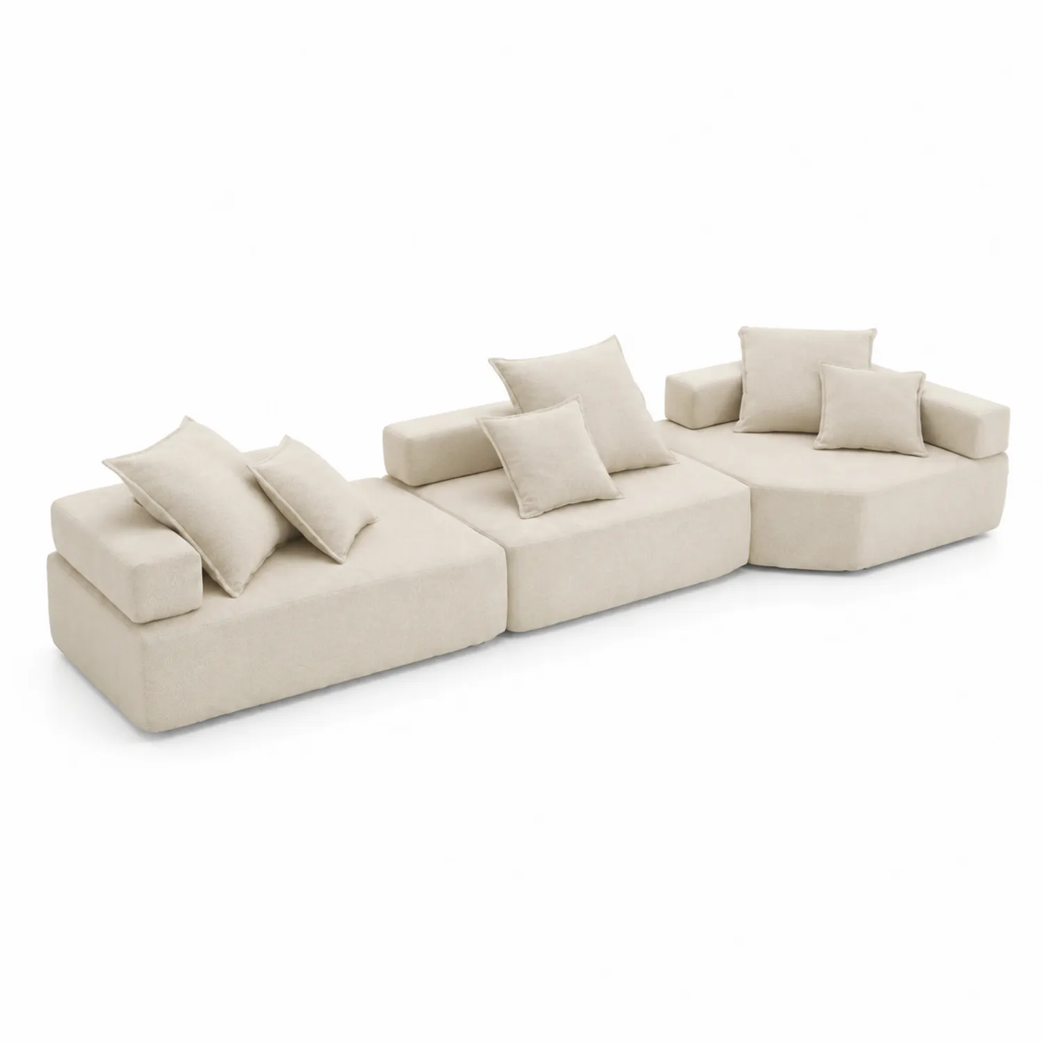 Canapé modulable en tissu polyester beige avec coussins, ensemble 3 pièces