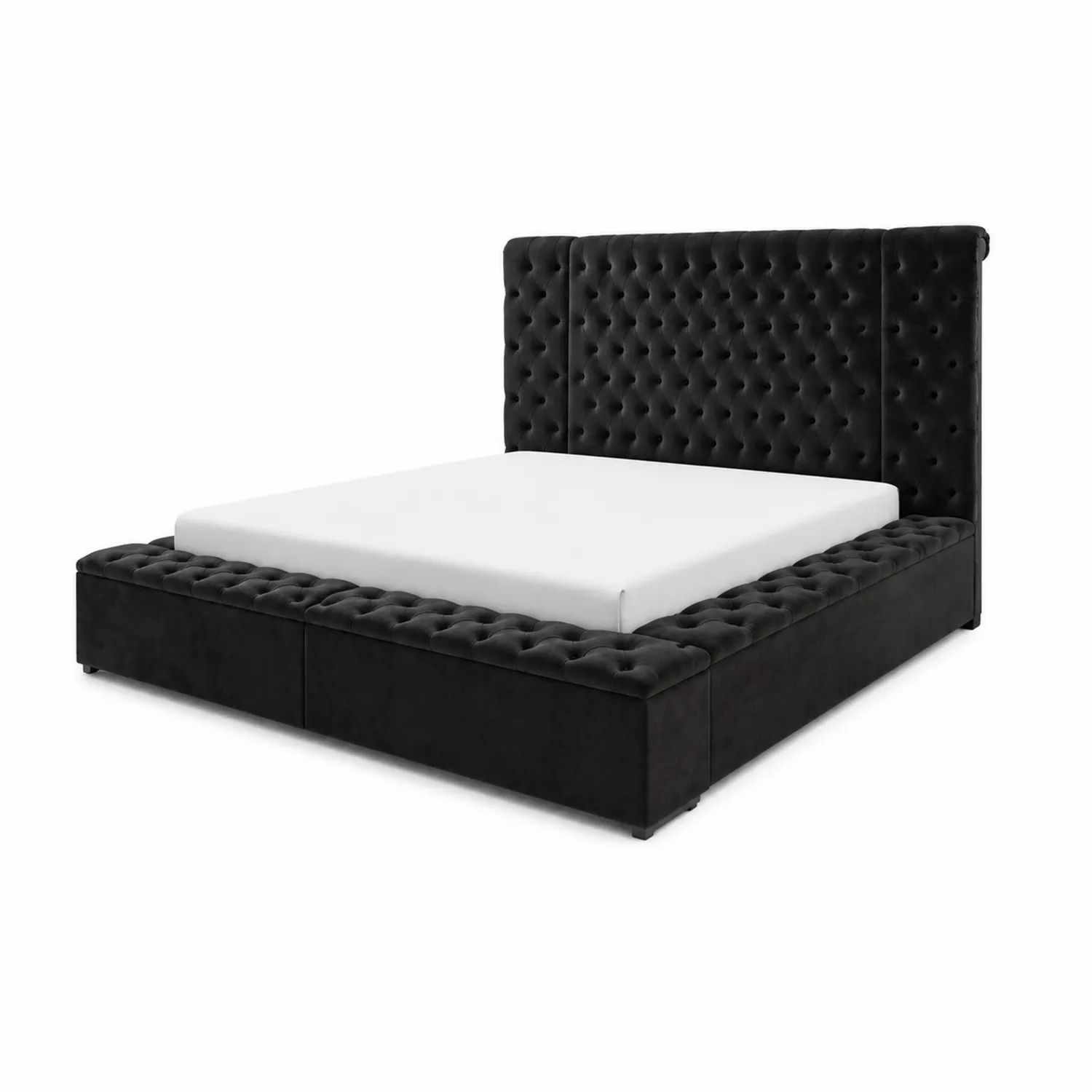 Lit double en velours noir avec tête de lit capitonnée 200x160 cm