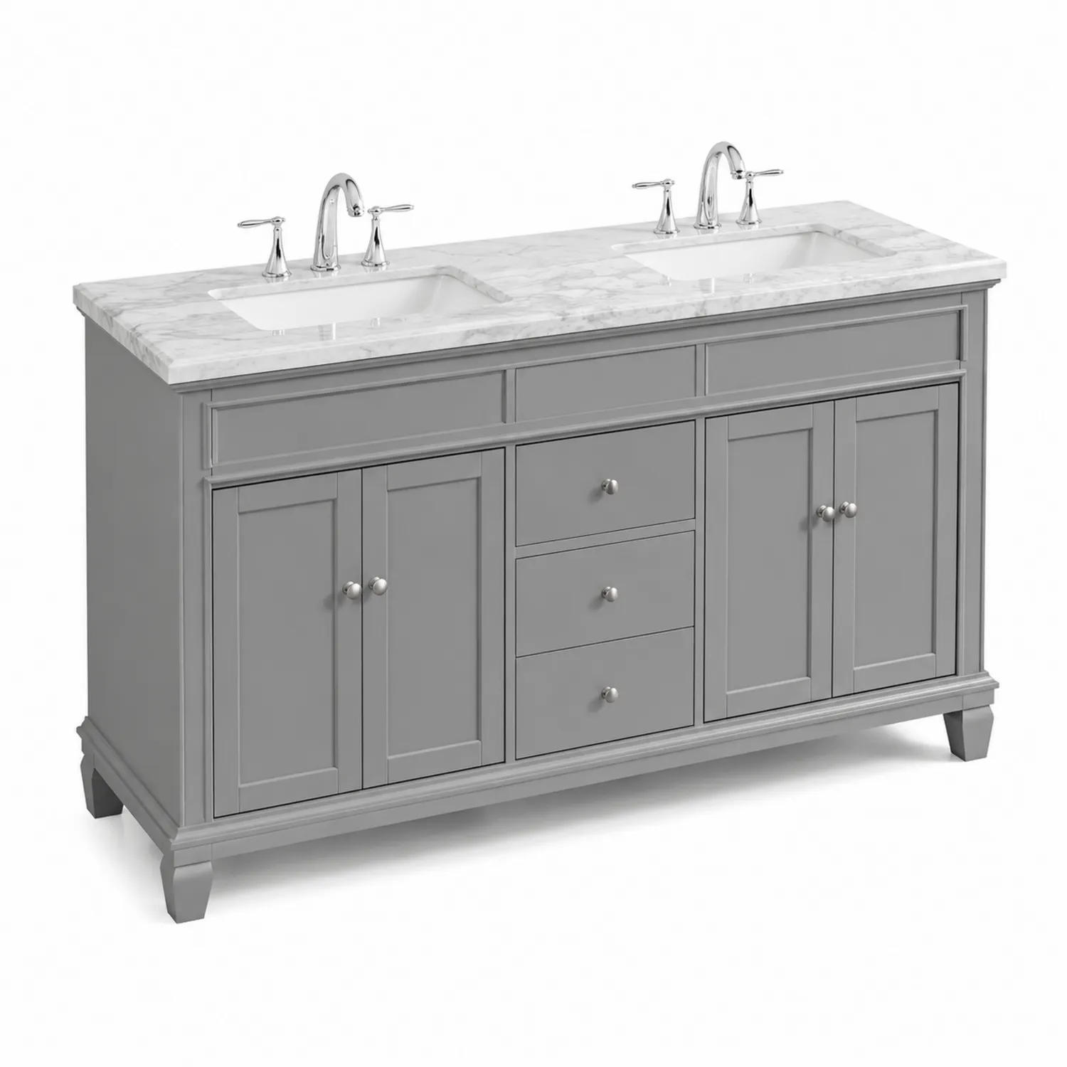 Meuble lavabo double en bois avec dessus en marbre de Carrare 152 cm Gris